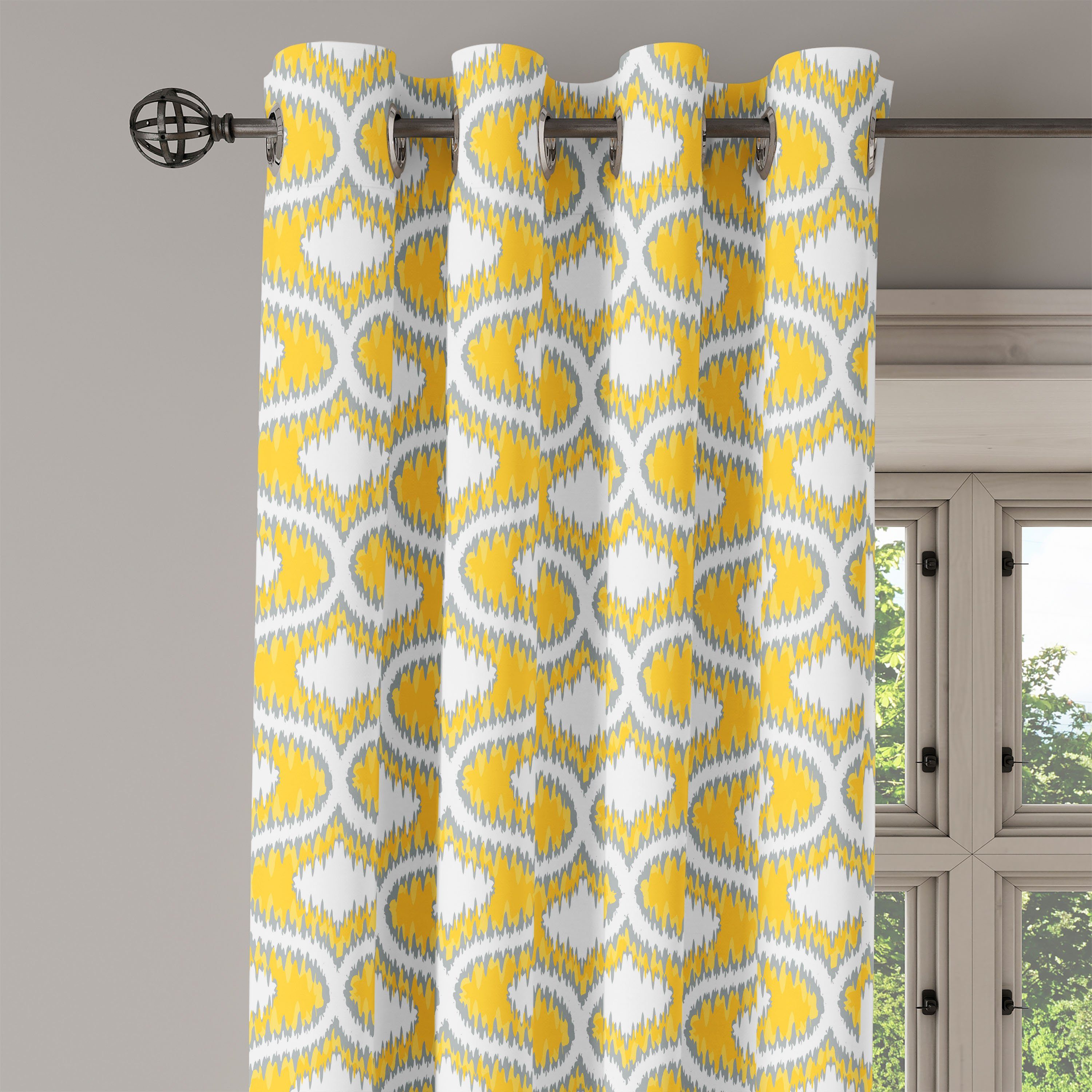 Gelb für Wohnzimmer, Gardine ovale Dekorative Vivid 2-Panel-Fenstervorhänge Abakuhaus, Schlafzimmer Ikat Formen