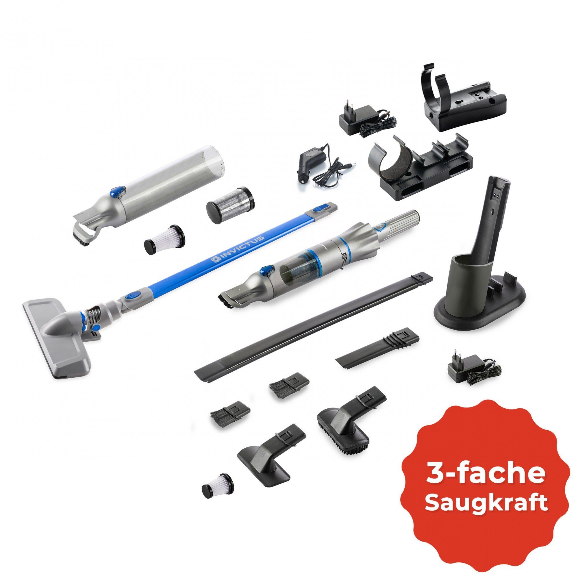 Genius Akku-Handstaubsauger INVICTUS ONE 2.0 Hand- und Bodenstaubsauger Set 22-tlg., 11,2 W, rot, beutellos, kabellos mit 13kPA, Akku, Bürsten-Set, Wandhalterung