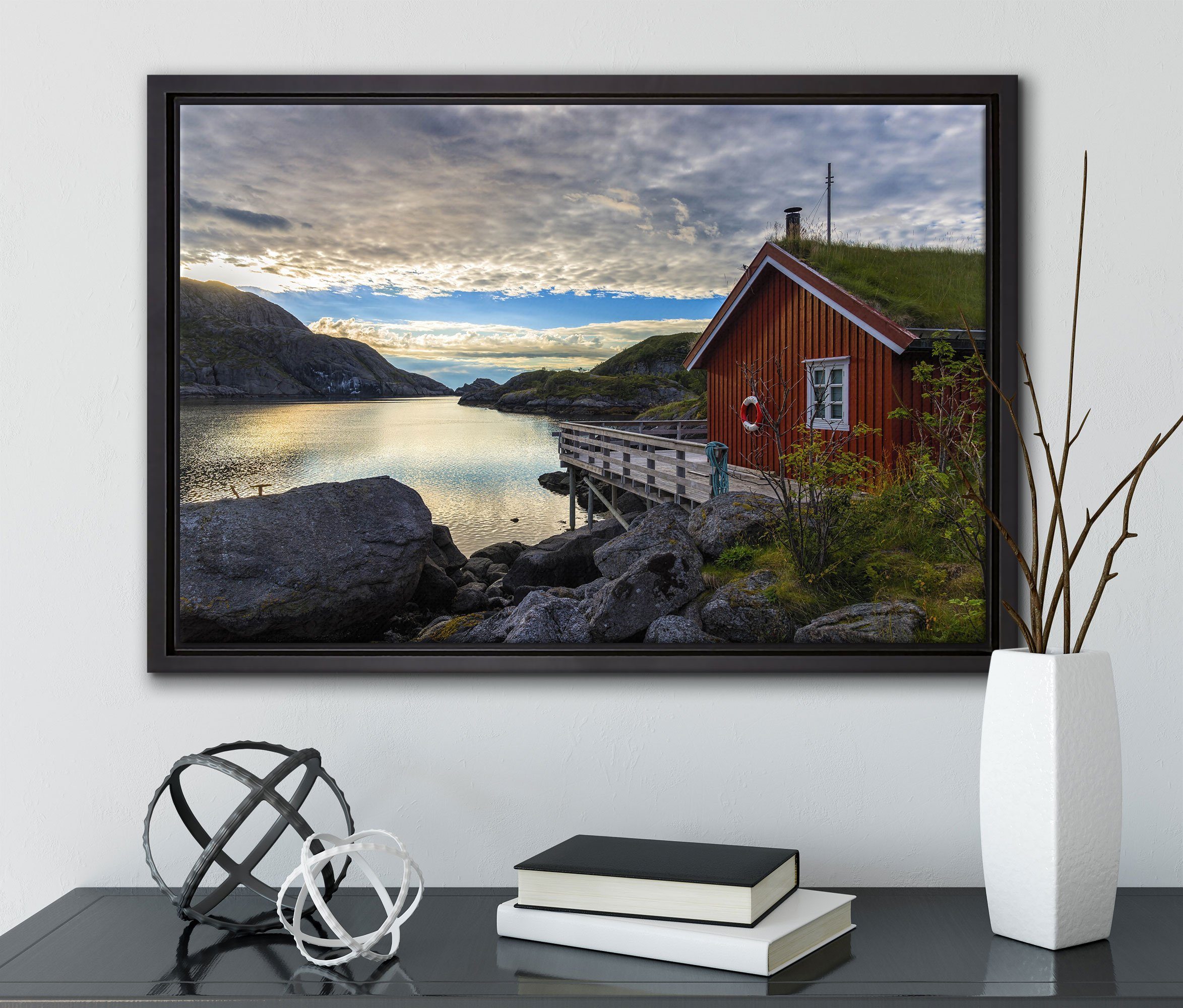 fertig in Pixxprint Zackenaufhänger gefasst, bespannt, einem Leinwandbild Leinwandbild Sonnenaufgang Fjord Wanddekoration St), inkl. Norwegens, (1 am Schattenfugen-Bilderrahmen