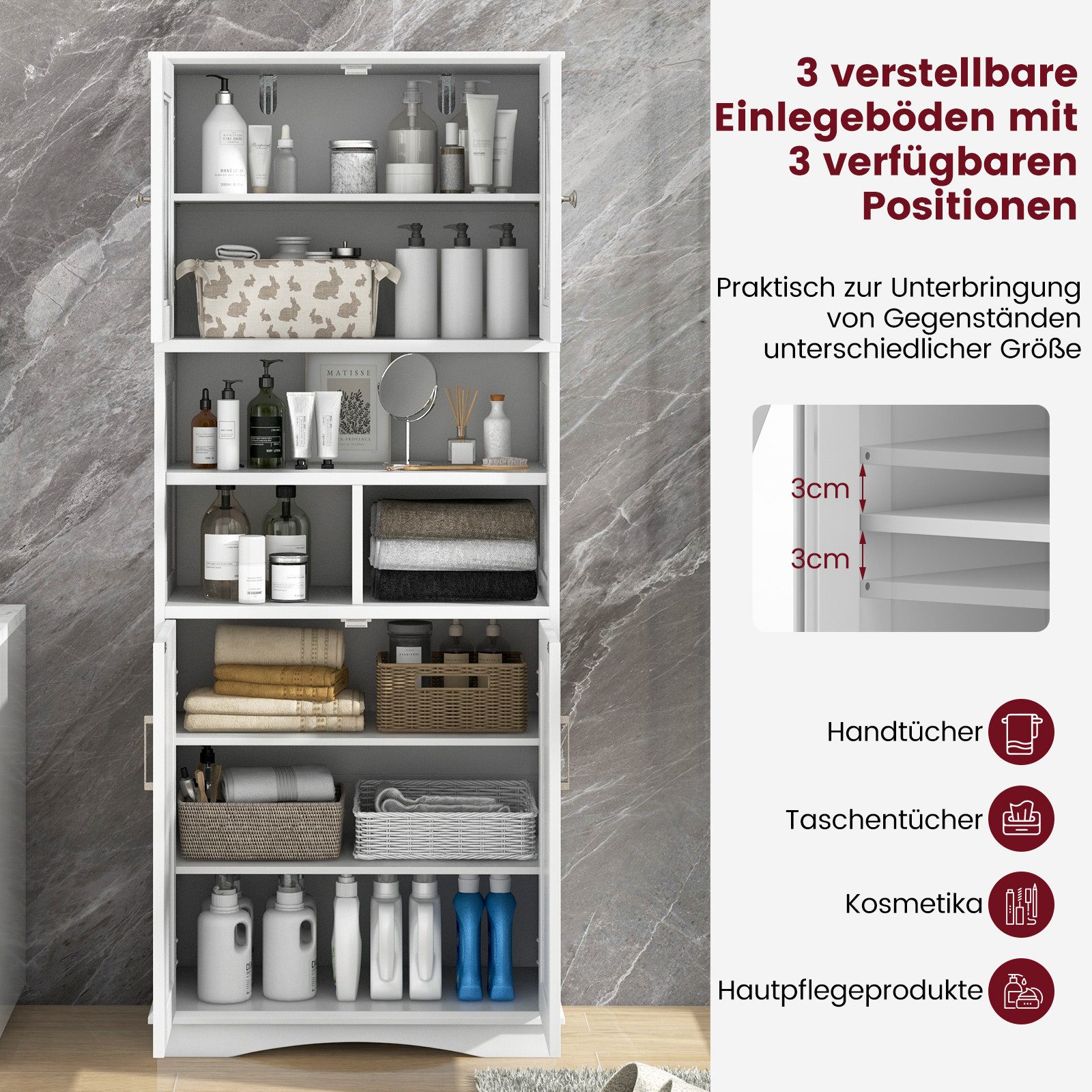 COSTWAY Badkommode schmal, Badschrank mit 4 Türen & 3 verstellbare Ablage