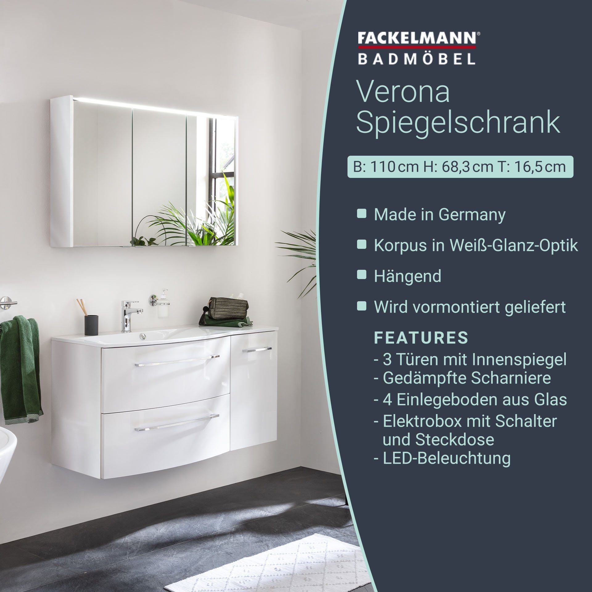 FACKELMANN Badezimmerspiegelschrank Verona LED-Spiegelschrank – vormontiert, hängend