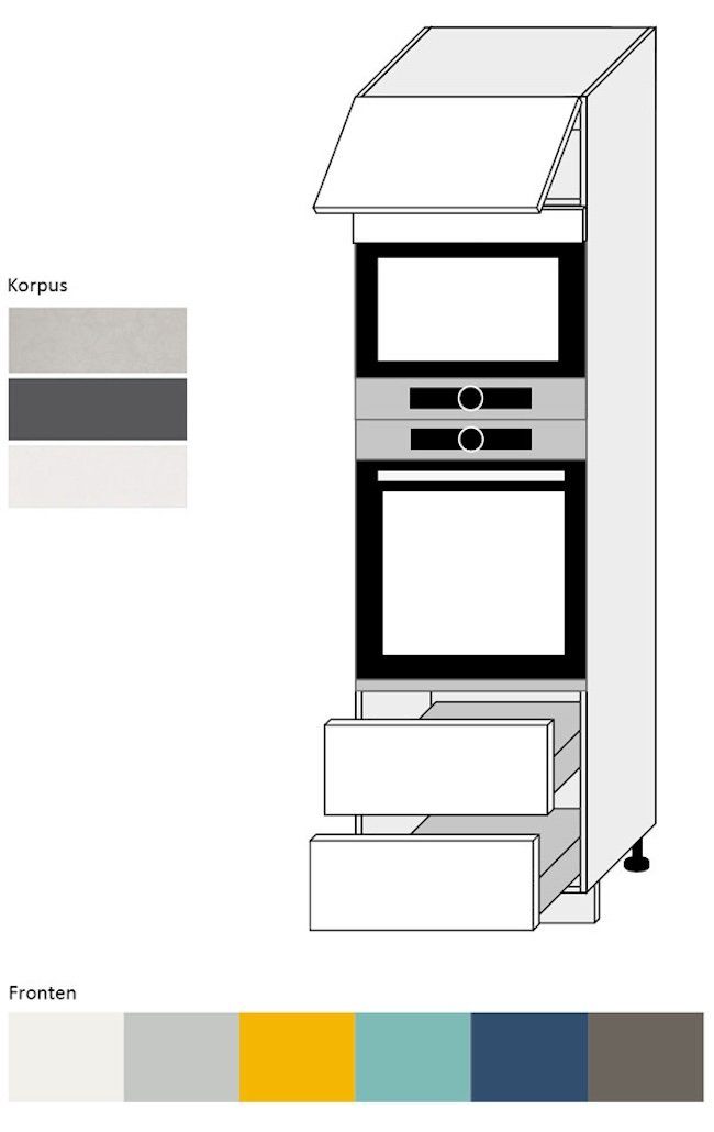 Spanplatte für Feldmann-Wohnen grifflos Backofenumbauschrank Backofen Schubladen Mikrowelle, wählbar (Vollauszug) Hochglanz Front- lackiert, qurazgrau RAL (Hochglanz 60cm & Kunststoffoberfläche, pflegeleichter 7039 Korpusfarbe 2 Napoli mit & MDF)