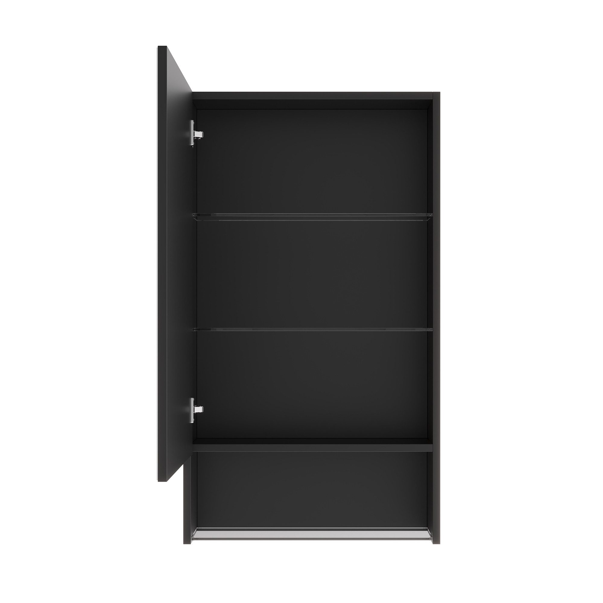Simurq Badezimmerspiegelschrank LED Spiegelschrank 50 cm schwarz 1-türig Anti-Beschlag (Einzelartikel, 1-St., 1 Spiegelschrank) 3 Lichtfarben, offene Glasablage