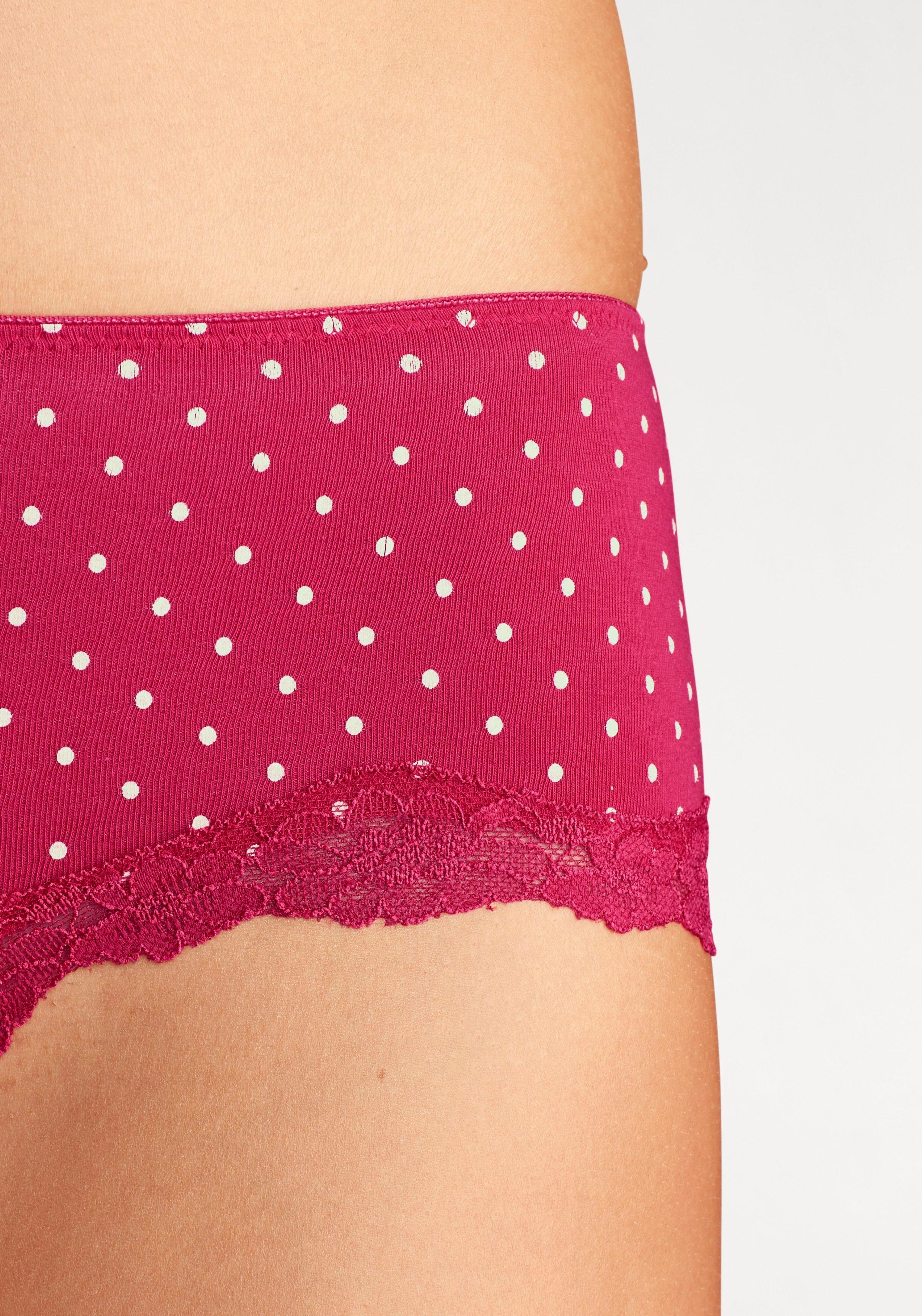 LASCANA Panty (Packung, 3-St) aus gepunktet Baumwolle elastischer mit zarter uni, rot-gestreift, Spitze
