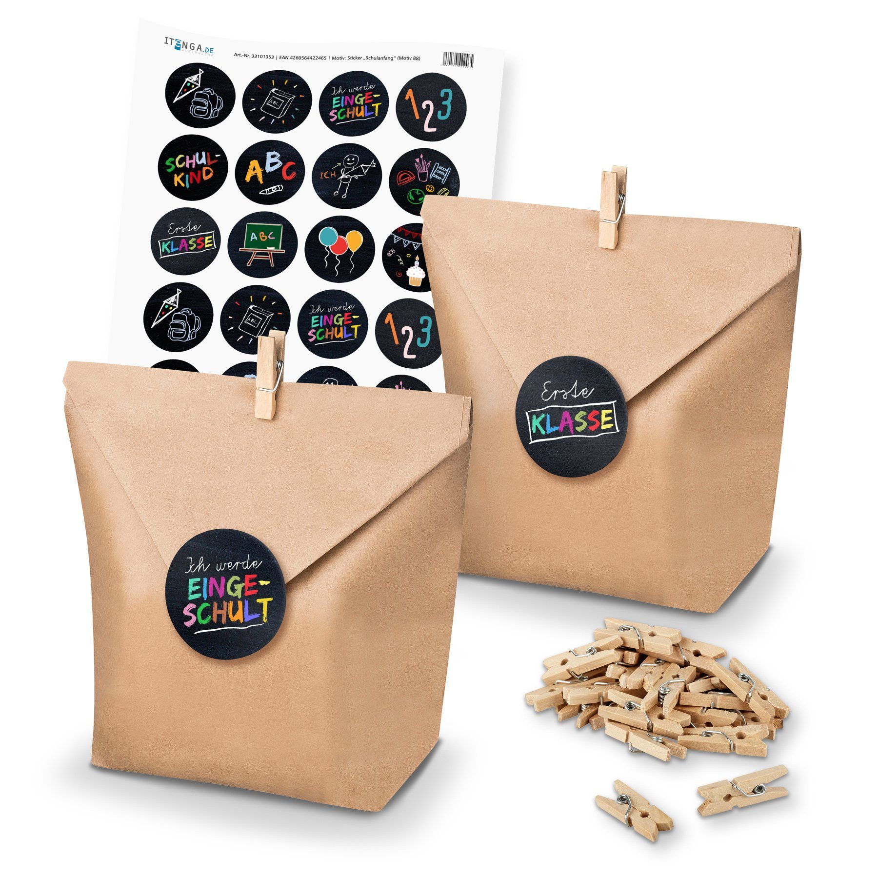 itenga Упаковочная бумага itenga SET Geschenktüten Schulanfang (Motiv 88) 24 x Tüten + Klammern