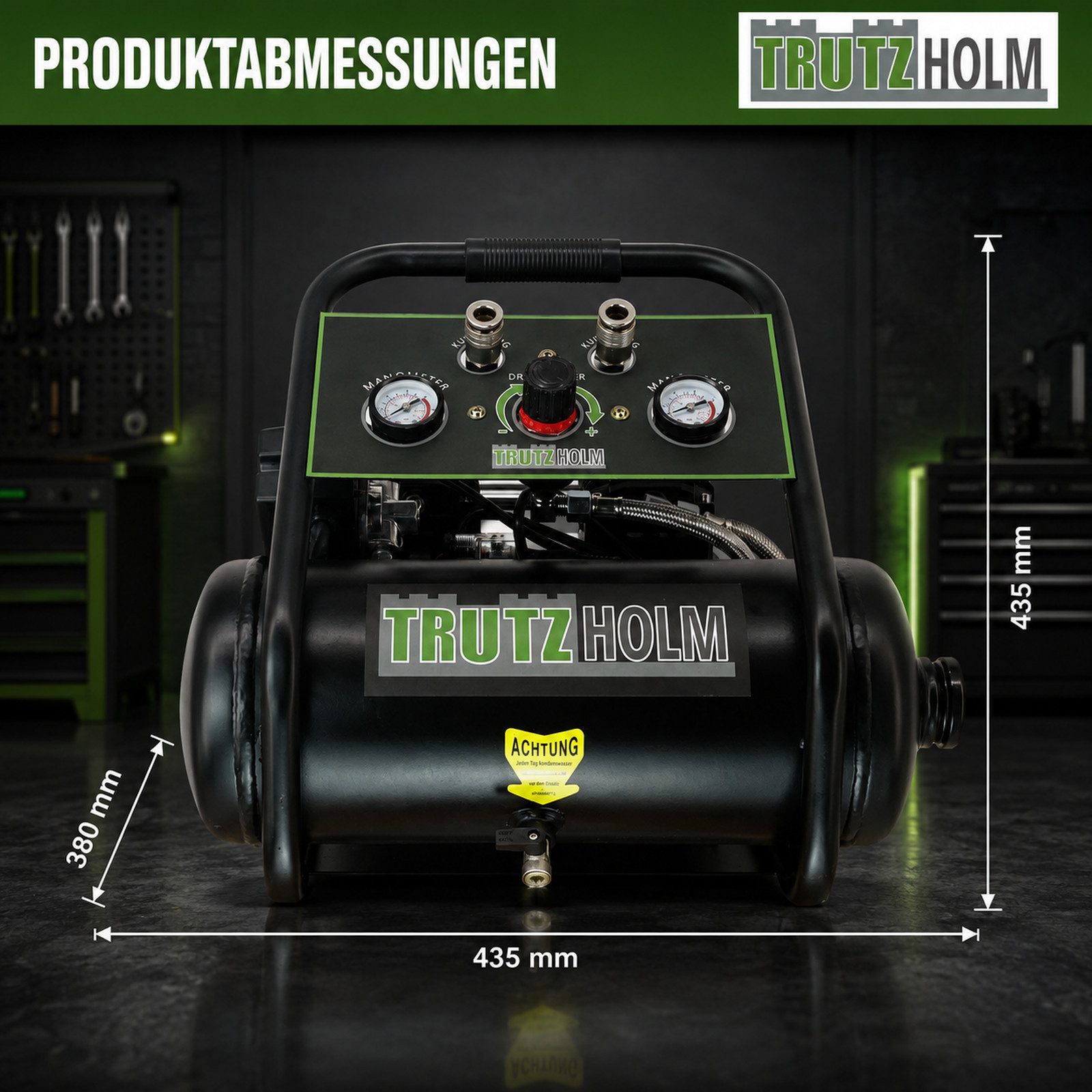 TRUTZHOLM Kompressor Brushless Silent Flüsterkompressor 9L – 900 W,62dB,8 bar inkl. Zubehör, max. 8 bar, 9 l, Komplett-Set