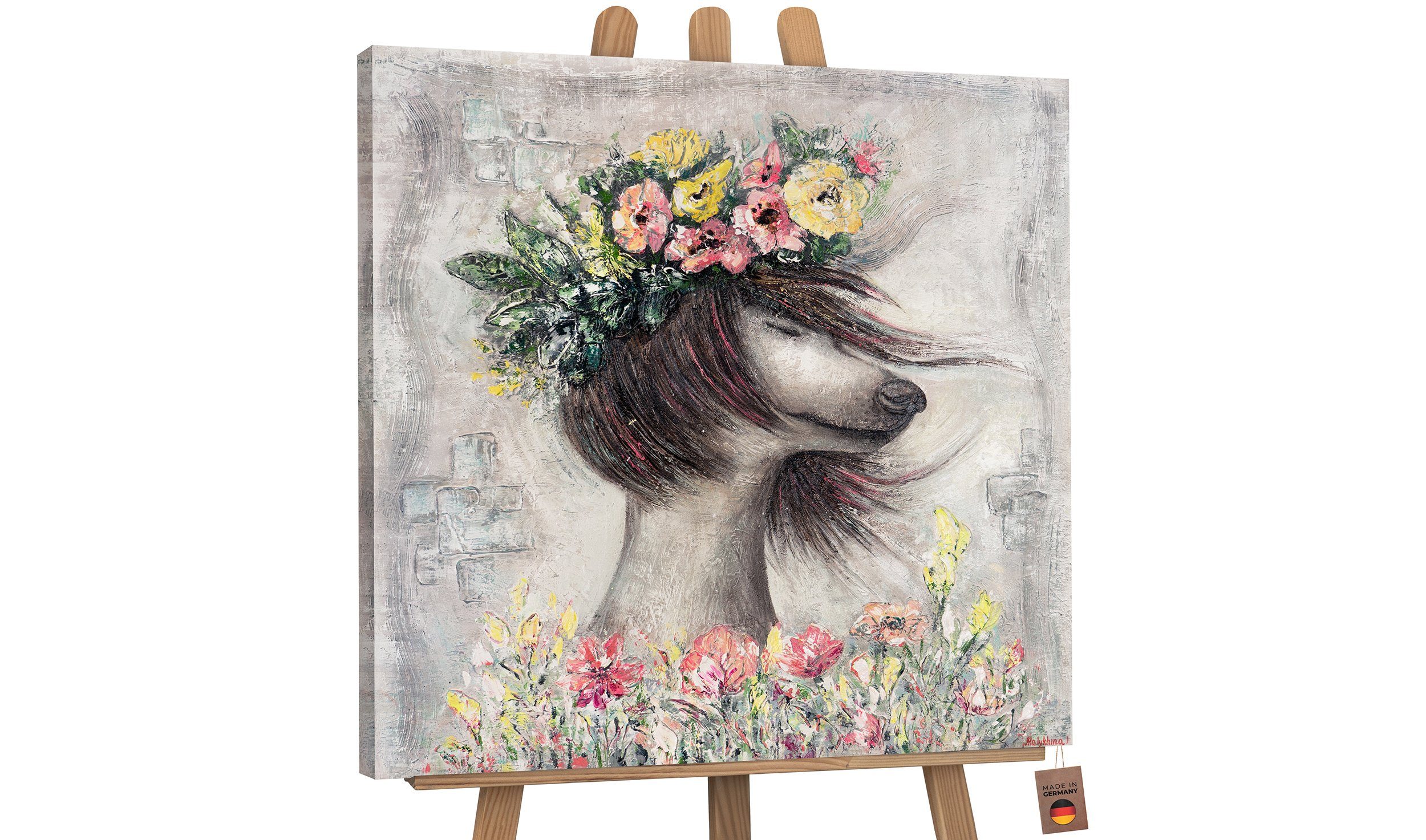 Leichtigkeit, Leinwand Vintage YS-Art Handgemalt Gemälde Ohne Tierbilder, Bild Bunt Collie Schattenfugenrahmen Blumen