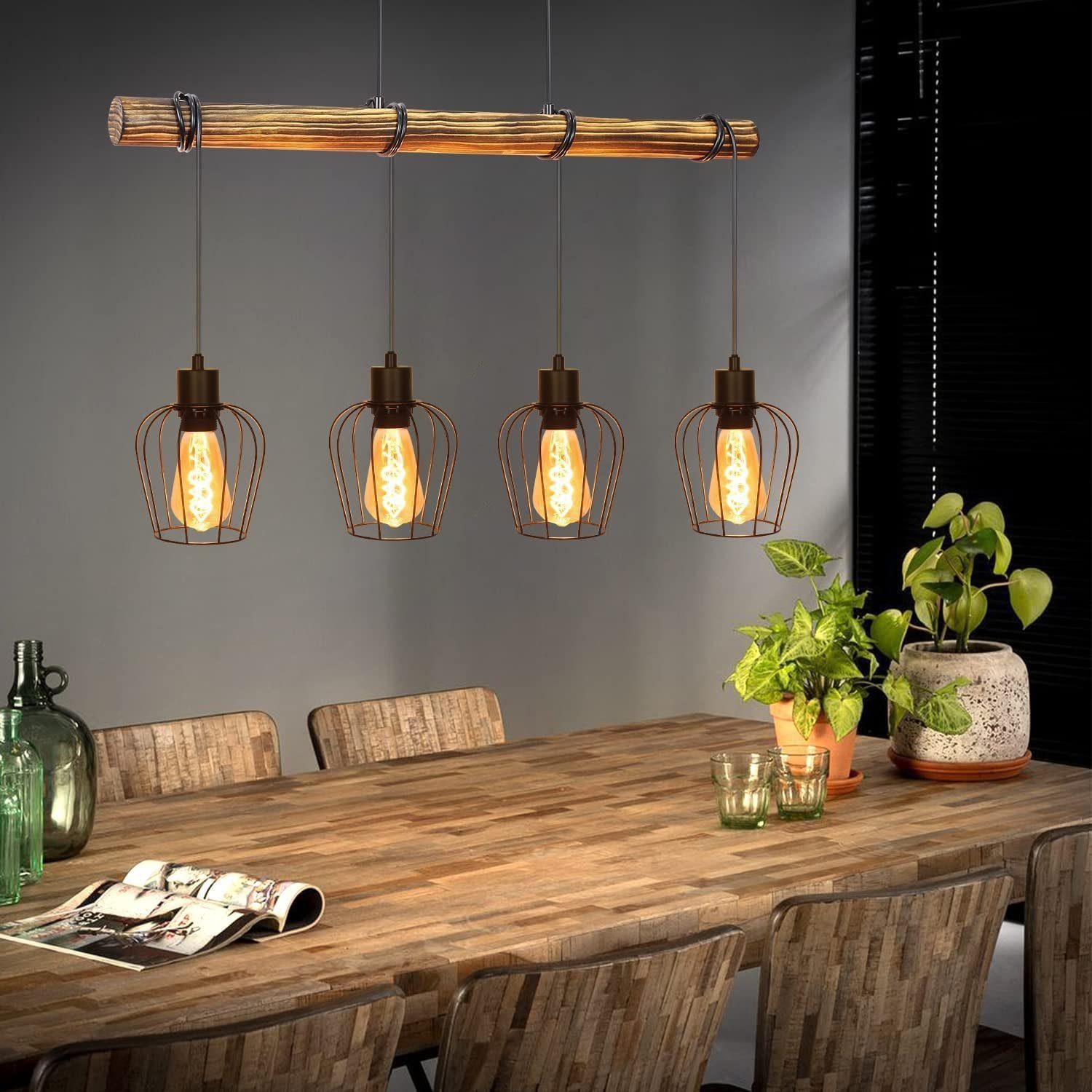 ZMH Pendelleuchte Esszimmer Retro 4 Flammig 190CM Pendellampe höhenverstellbar Hotel, Einfache Installation, ohne Leuchtmittel, Vintage Pendelleuchte aus Holz in industriell-Stil
