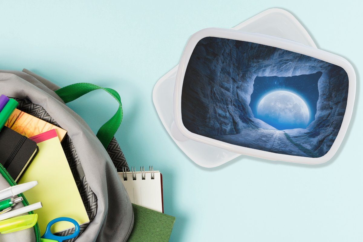 MuchoWow Lunchbox Höhle - Mond und Universum Brotbox Blau, Jungs für Kinder - Weltraum Erwachsene, und Brotdose, für - Mädchen weiß - (2-tlg), Kunststoff