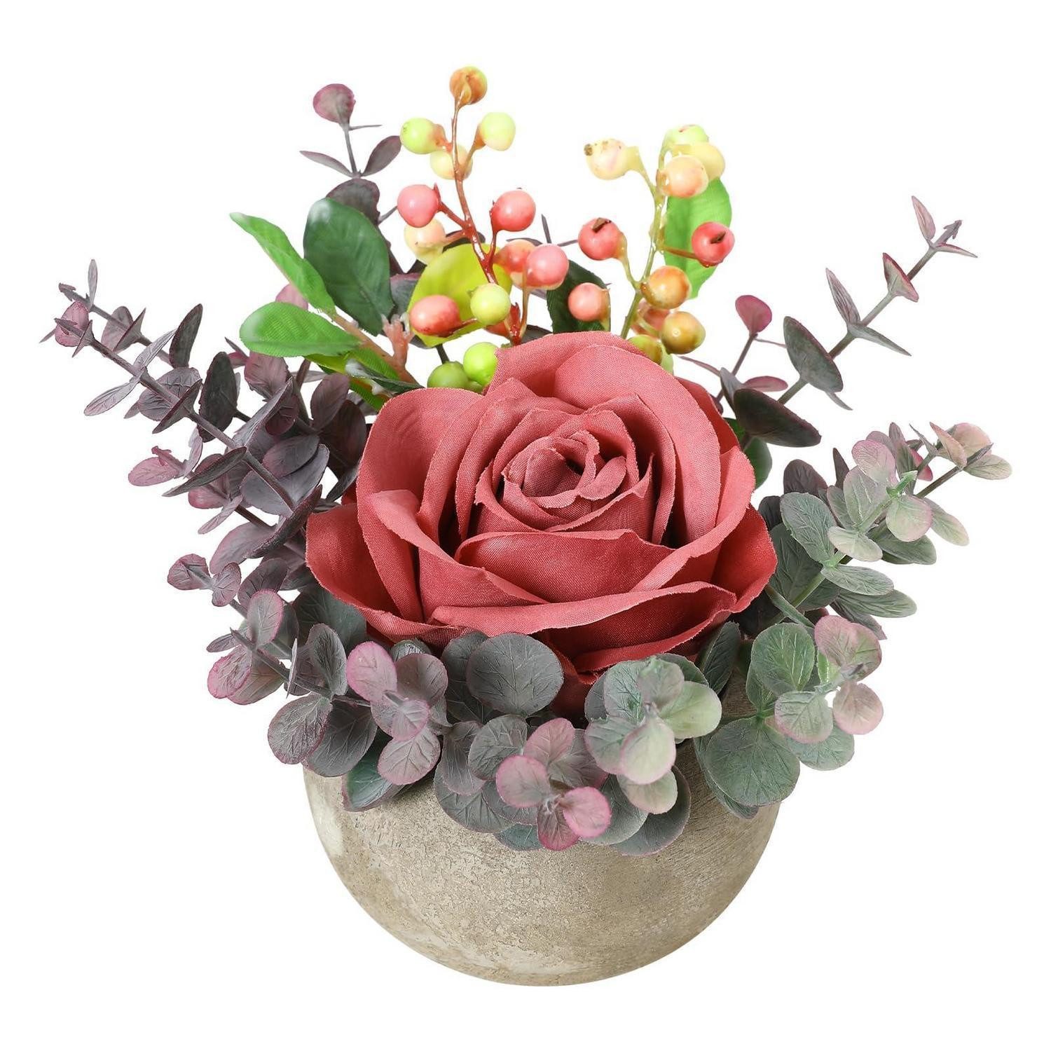 Kunstblume Künstliche Blumen Rose/Eukalyptus Topfdeko, LuxusKollektion, Höhe 12 cm