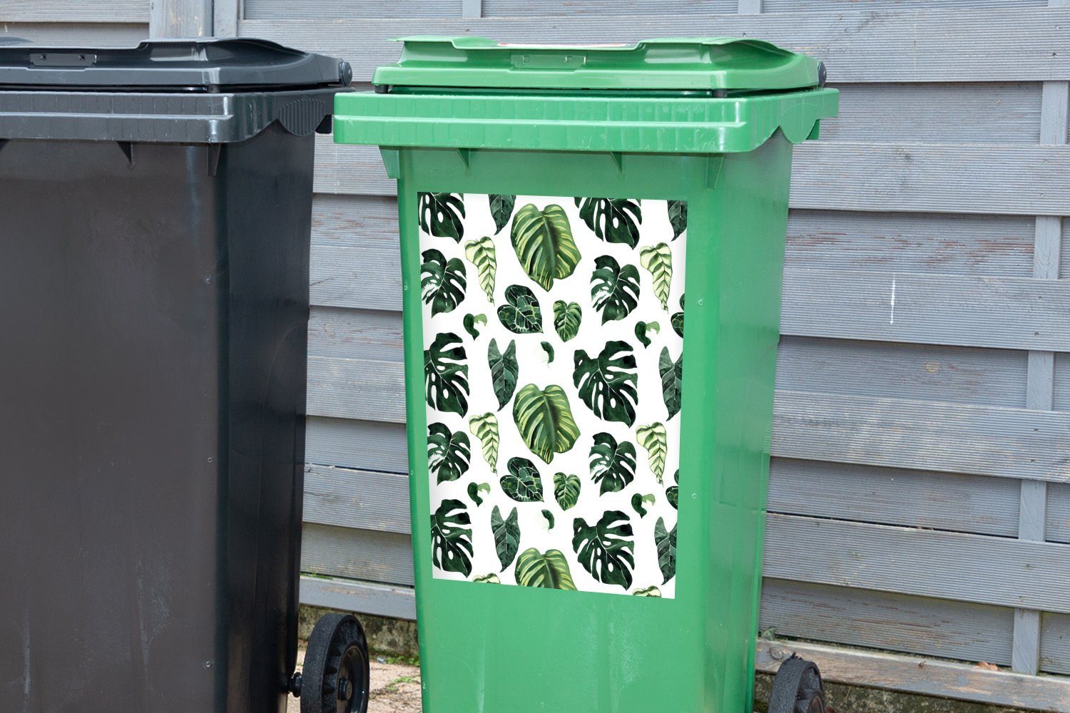 Sticker, Wandsticker Grün MuchoWow Blätter Tropisch Mülleimer-aufkleber, - (1 Abfalbehälter Mülltonne, Container, St), -