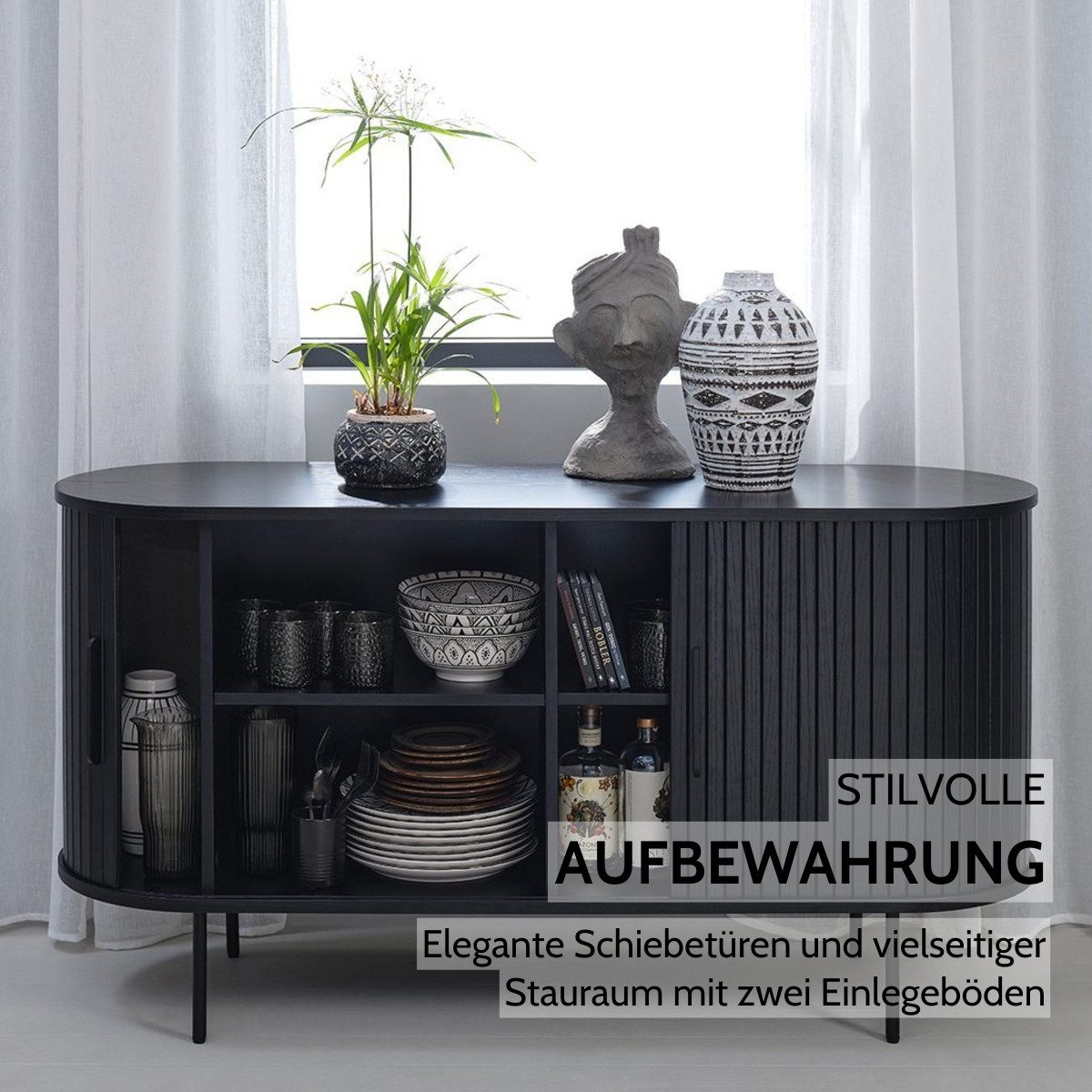 Liadomo Sideboard Uriel, Kommode, Stauraummöbel, 140 oder 180 cm Breite, Furnier in Echtholz, Schiebetüren, Lamellen-Optik, vier Farben