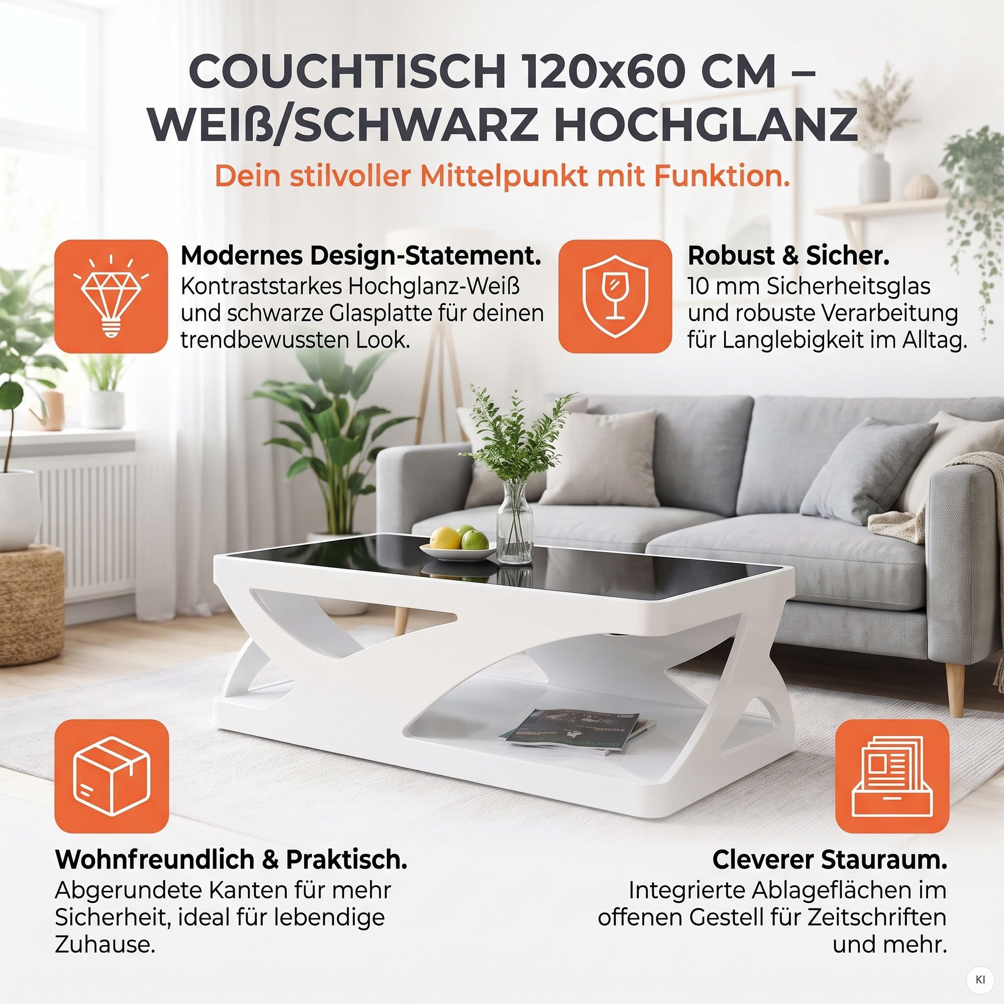 SalesFever Couchtisch Lacona Coffeetable mit stilvollem Aussehen, Schwarzglasplatte: Eleganz in Rechteck oder Quadrat