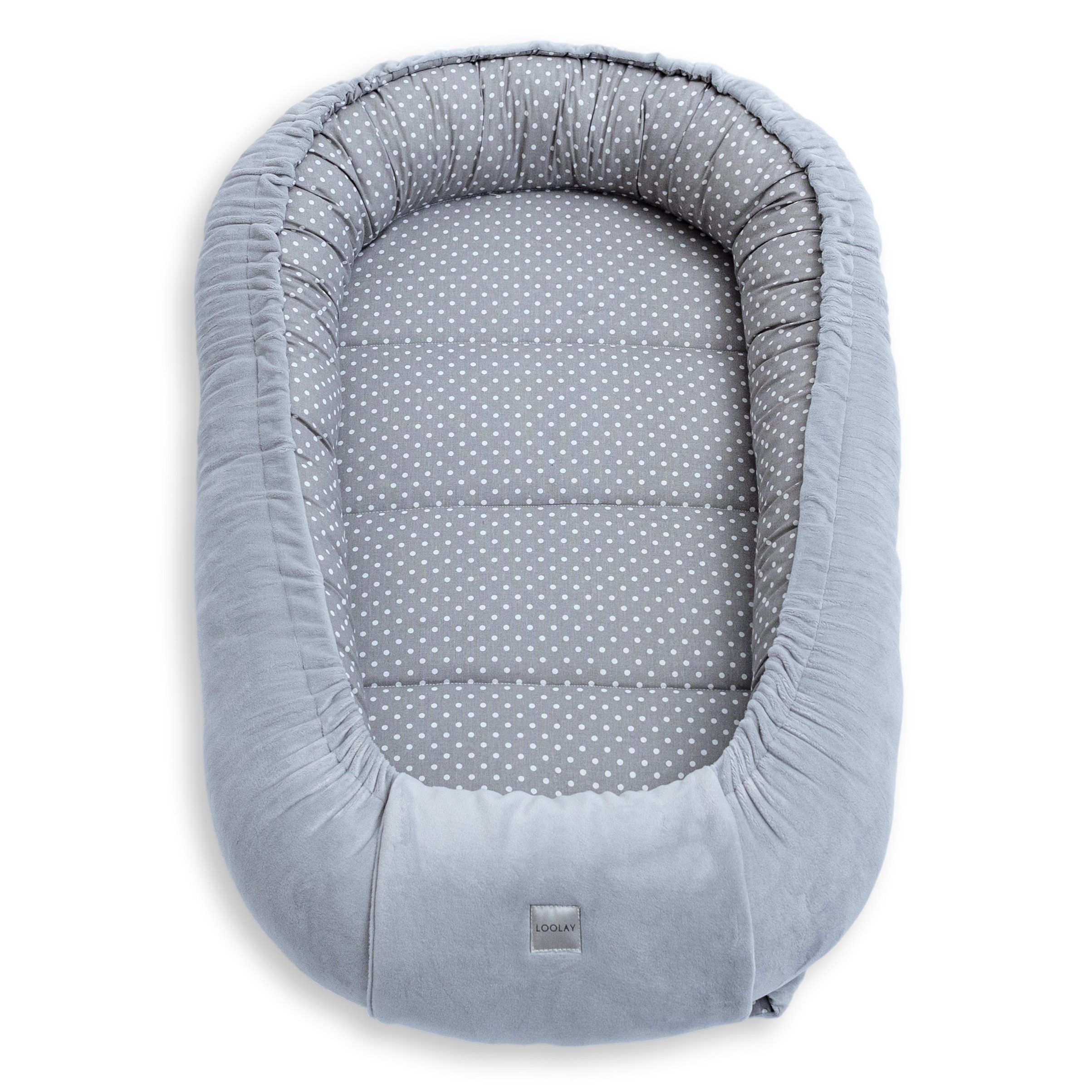 Loolay Kuschelnest BABYNEST SOLO Premium Babyausstattung - Baumwolle & Samt Velours, (MUSTER: GRAU Samt Velour/ Mini PUNKTE Grau, 1-tlg., Liebevoll handgefertigt Nestchen! Geborgenheit Komfort für Neugeborene), Premium Ausstattung - 100% Europäische Stoffe und Kleinserien-Nähen!
