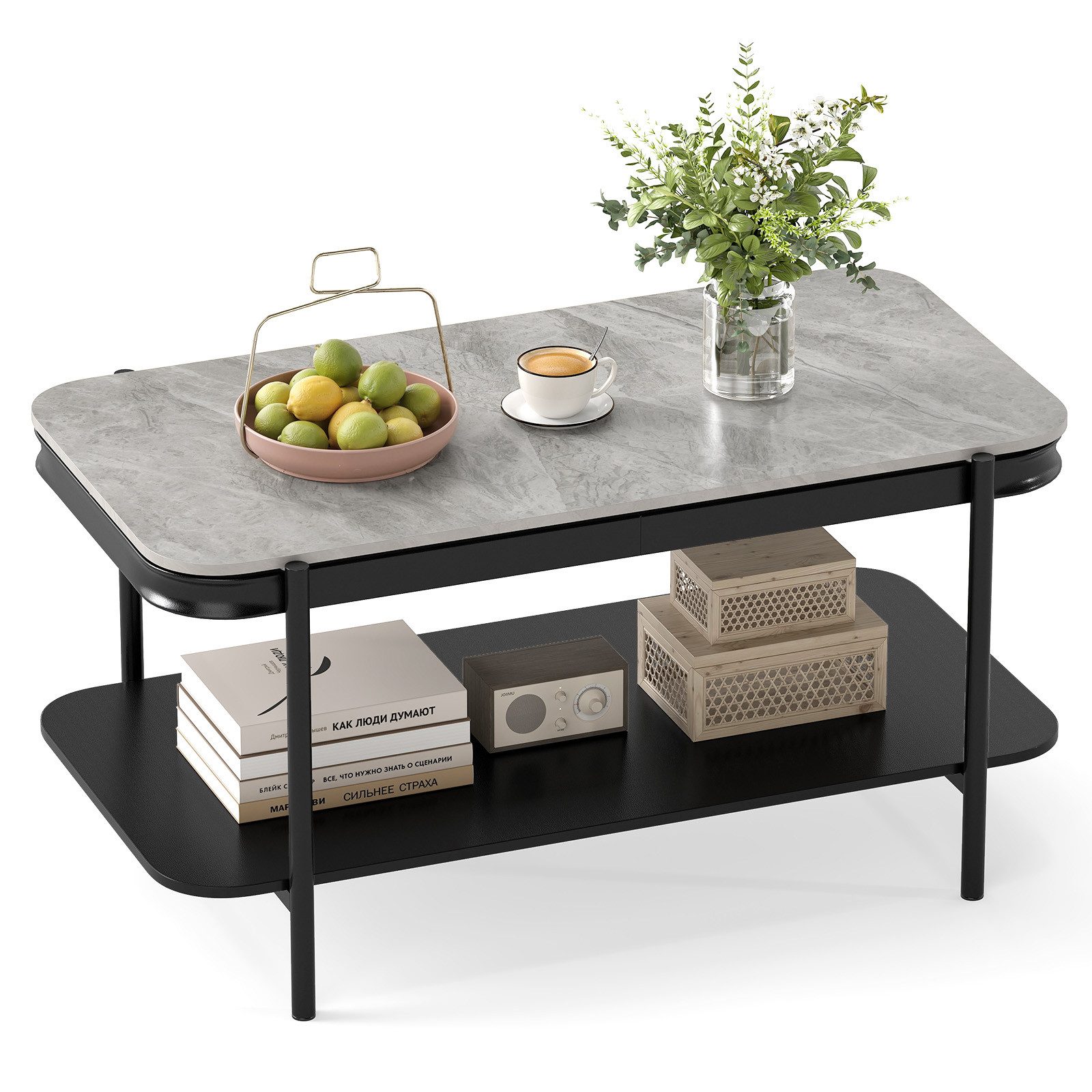 COSTWAY Couchtisch, rechteckig mit Stauraum, Marmor Wohnzimmertisch grau