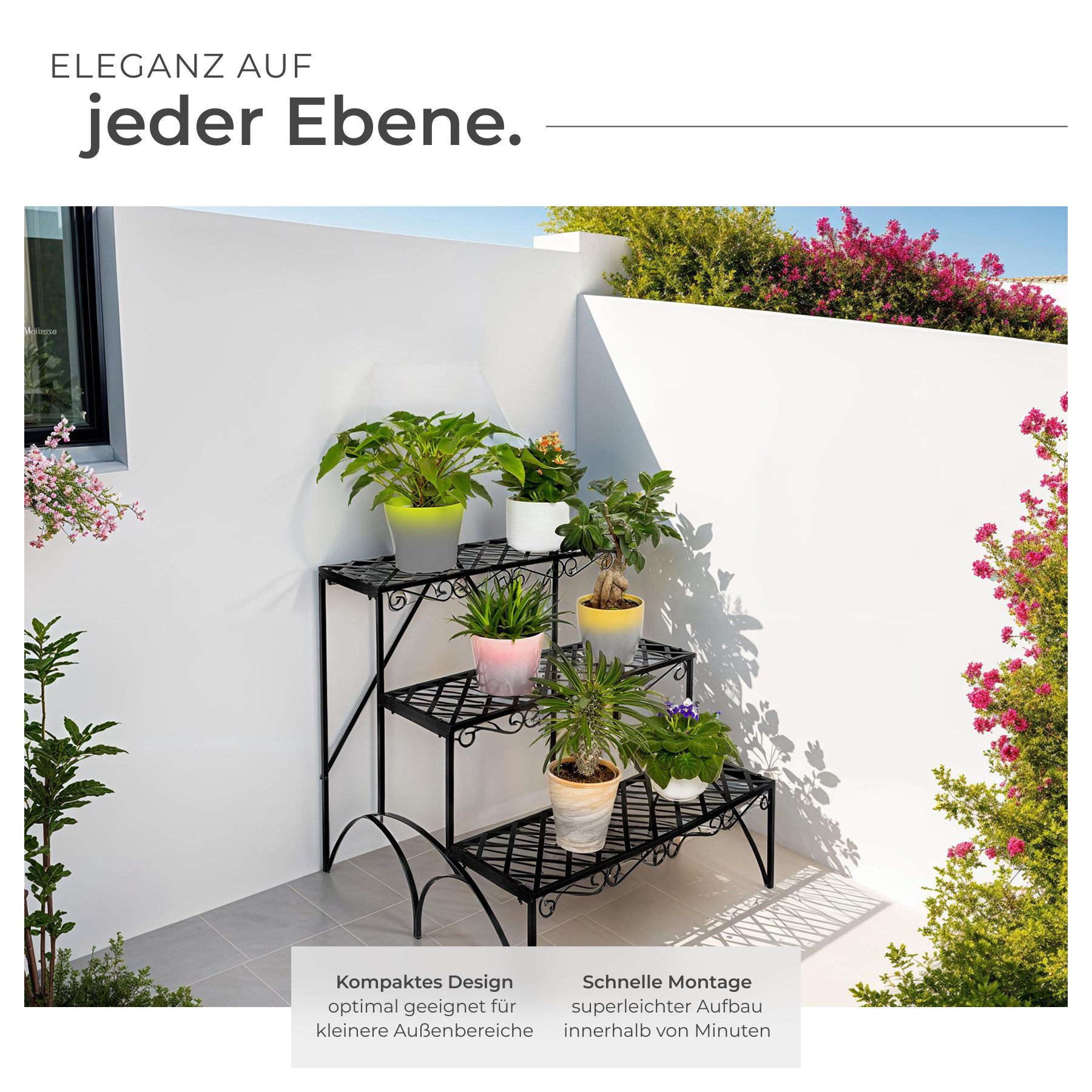tectake Pflanztisch Blumentreppe, 60 x 60 x 60 cm, 3 Stufen, geschwungene Verzierungen (Blumenregal Michelle, 1-St., in schwarz), Blumentreppe mit 3 Stufen im edlen Design