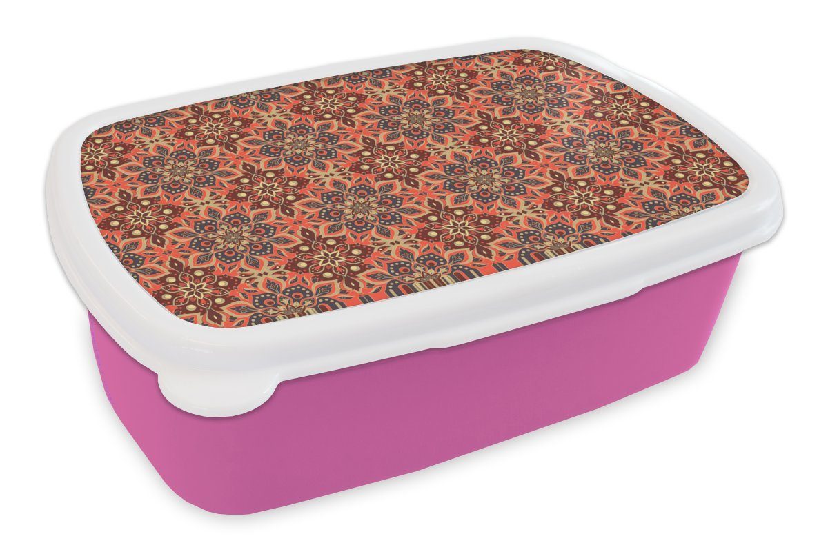 MuchoWow Lunchbox Kinder, Muster - Kunststoff, (2-tlg), Brotdose rosa - Retro, Kunststoff Mädchen, für Brotbox Snackbox, Blumen Mandala Erwachsene, 