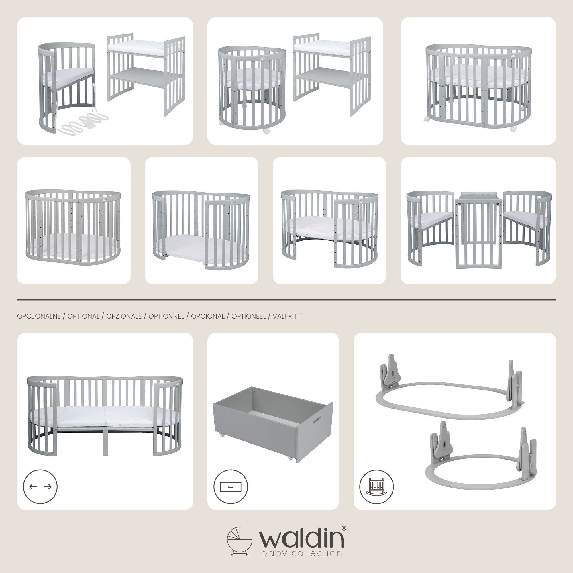 Waldin Babybett Mobiles Babybett OWAL aus Holz 7in1 mit Matratze, mitwachsend