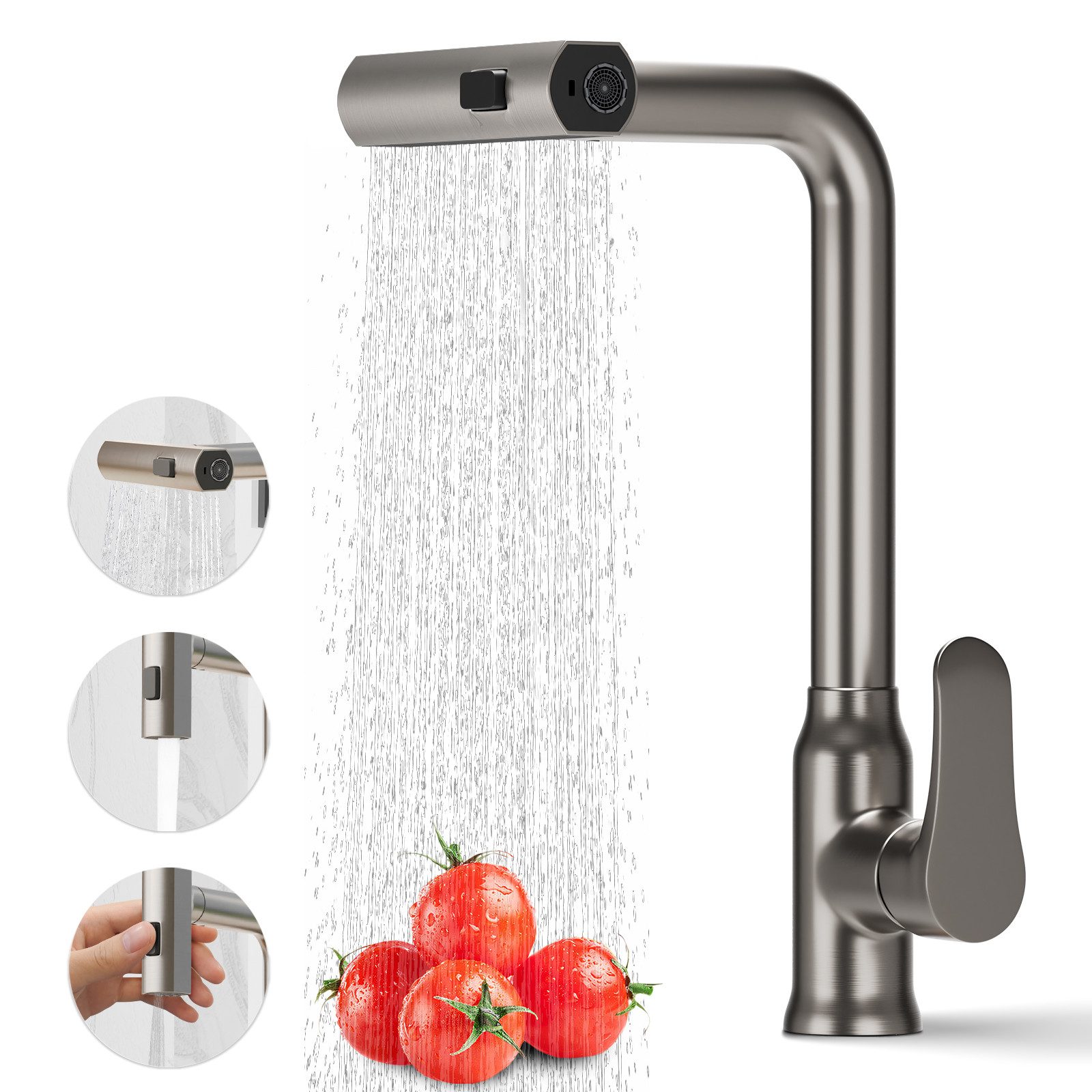 Yuede Küchenarmatur Ausziehbar, Neueste Spültischarmatur Küche (Mit Herunterziehen Brause Armatur,360°Schwenkbar Drei Sprühfunktionen, Ein Loch Installation,Edelstahl Hochdruck wasserhahn küche) Geeignet für Küchen, Bauernhäuser, Wohnmobile, Wäschereien
