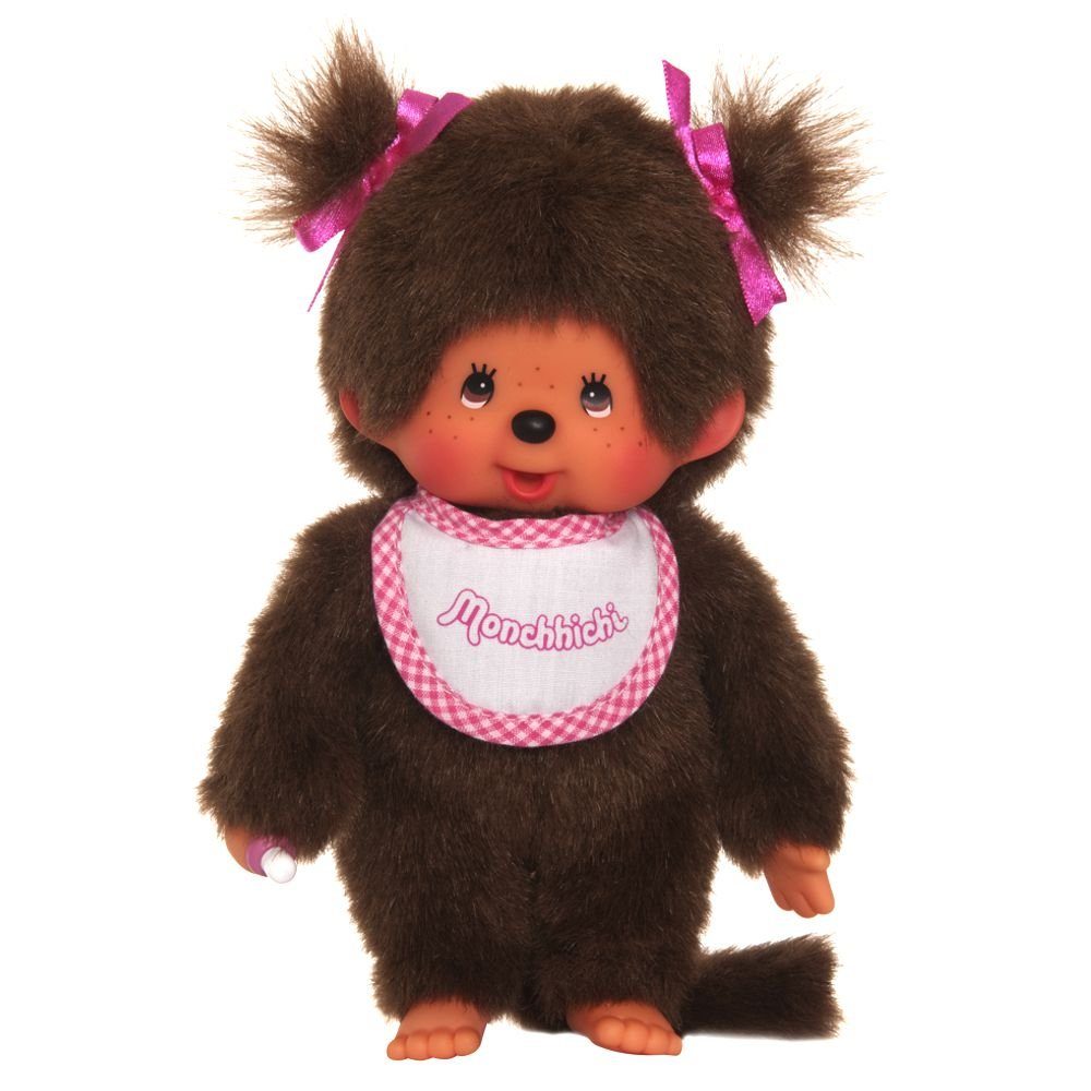 Monchhichi Plüschfigur Mädchen mit Zöpfen 20 cm Monchhichi Puppe 2 Zöpfe und Lätzchen