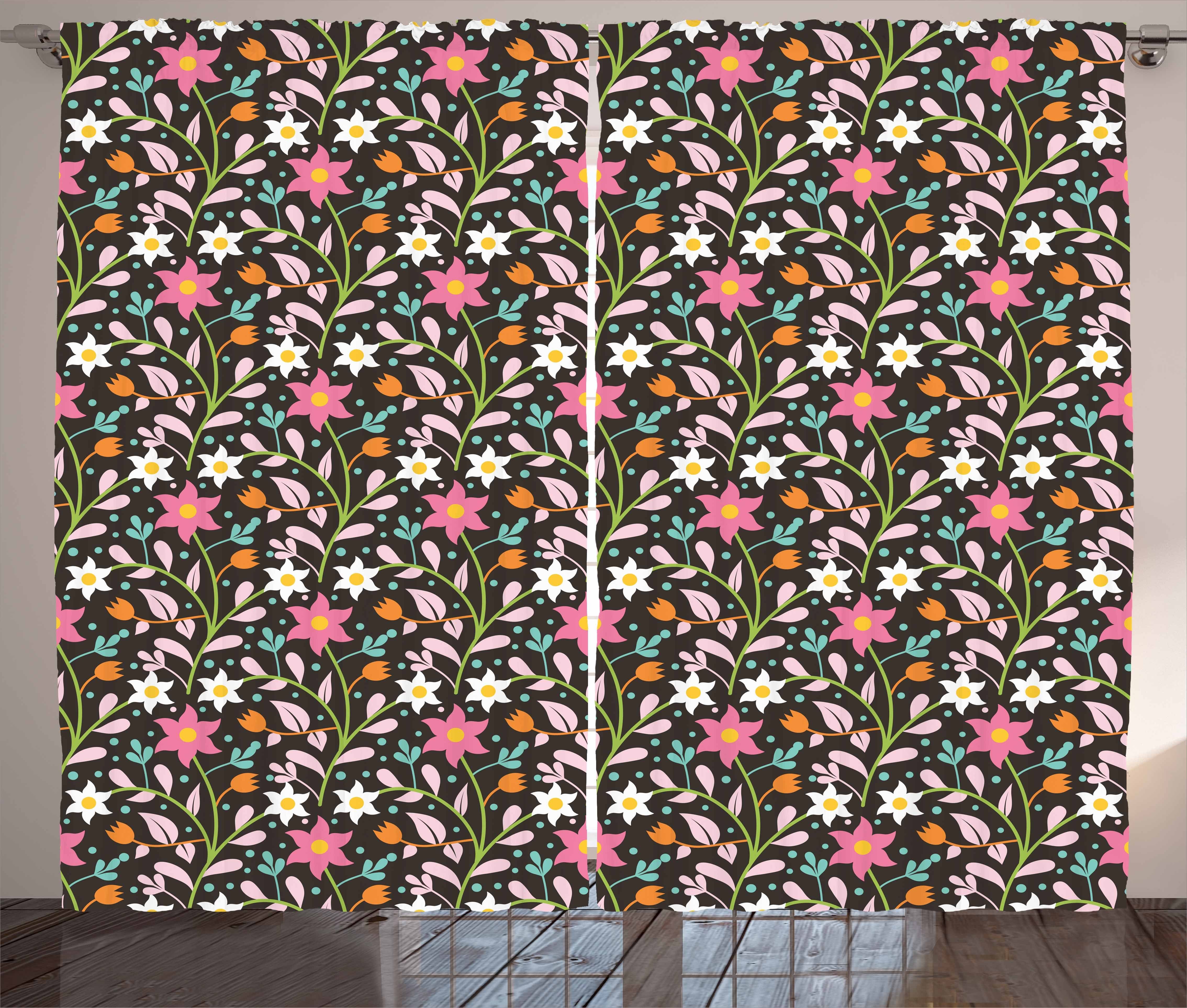 Gardine Schlafzimmer Abstrakte Garten-Kunst mit Schlaufen Abakuhaus, Kräuselband Haken, Pastellblüten und Vorhang