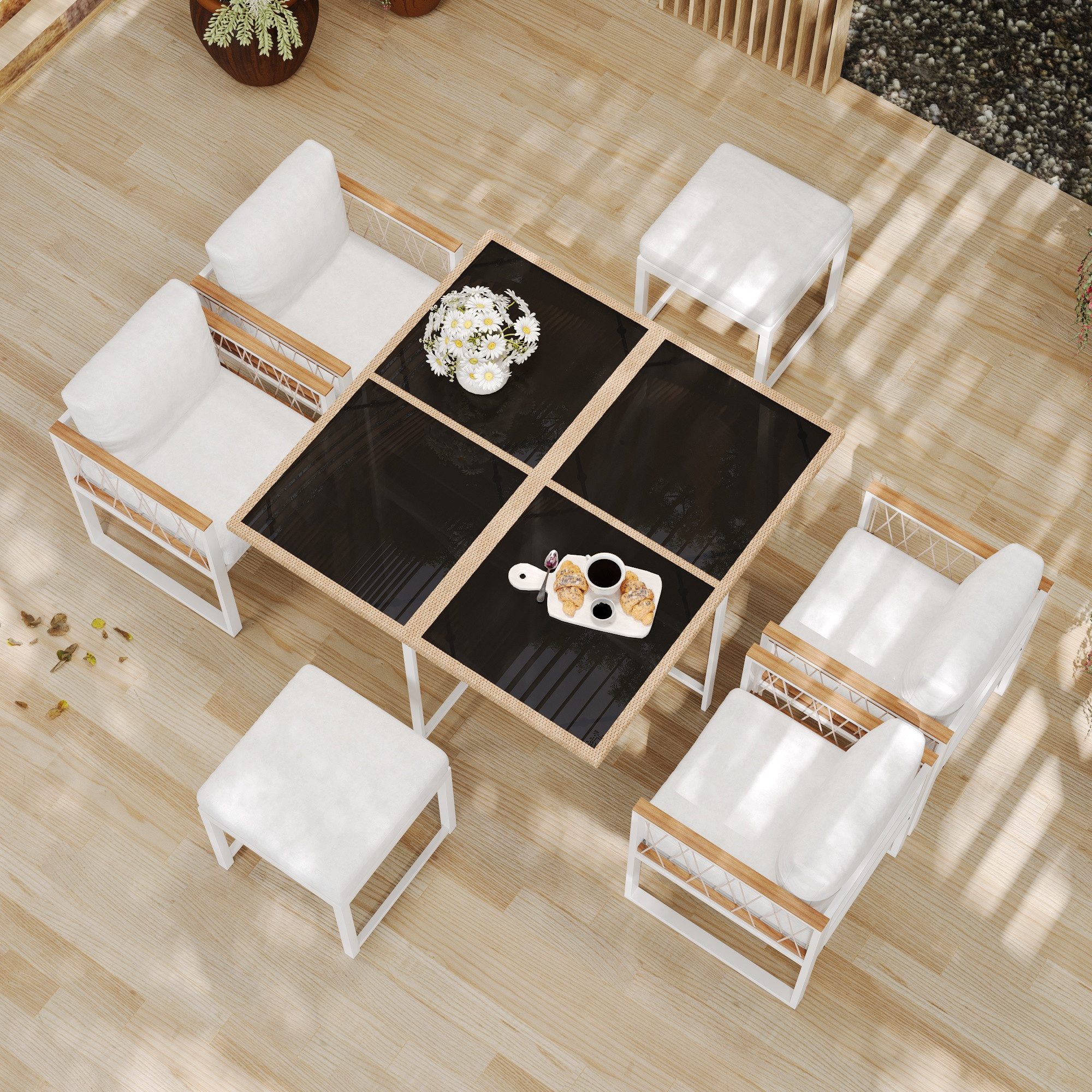 Merax Sitzgruppe aus Akazienholz und Polyratten, (7-tlg., Gartengarnitur Gartenlounge Balkonmöbel), Gartenmöbel-Set für 6 Personen, Essgruppe mit Sessel, Hocker & Tisch