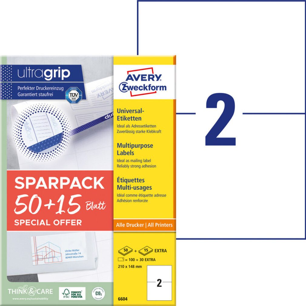 Avery Zweckform Etiketten 130 Etiketten 6604 weiß 210,0 x 148,0 mm