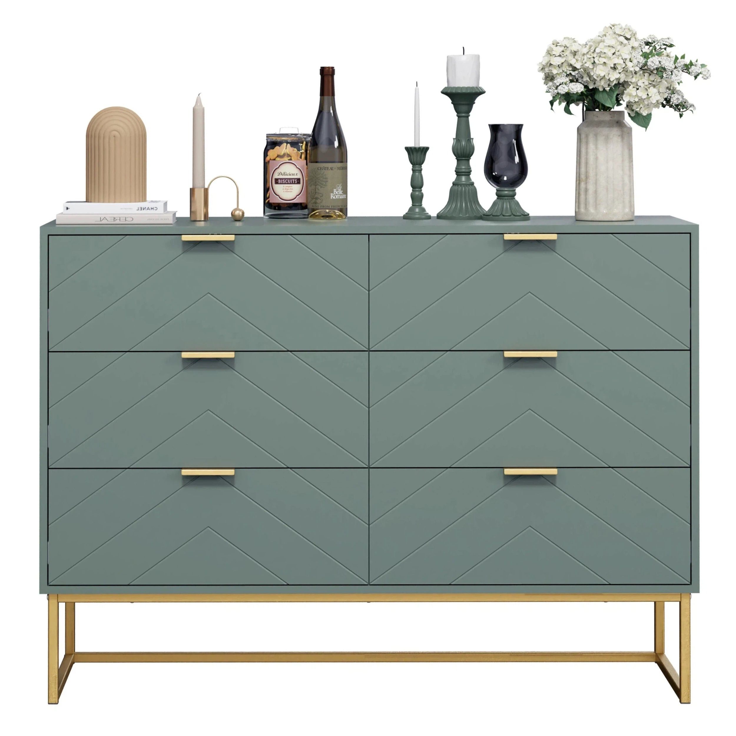 UEV Sideboard mit 6 Schubladen, Highboard Mehrzweckschrank mit Kisppschutz (für Wohnzimmer Schlafzimmer Büro Flur, 100x34x73,5cm), Küchenschrank Buffet TV Board Schrank mit Füße Aufbewahrungsschrank