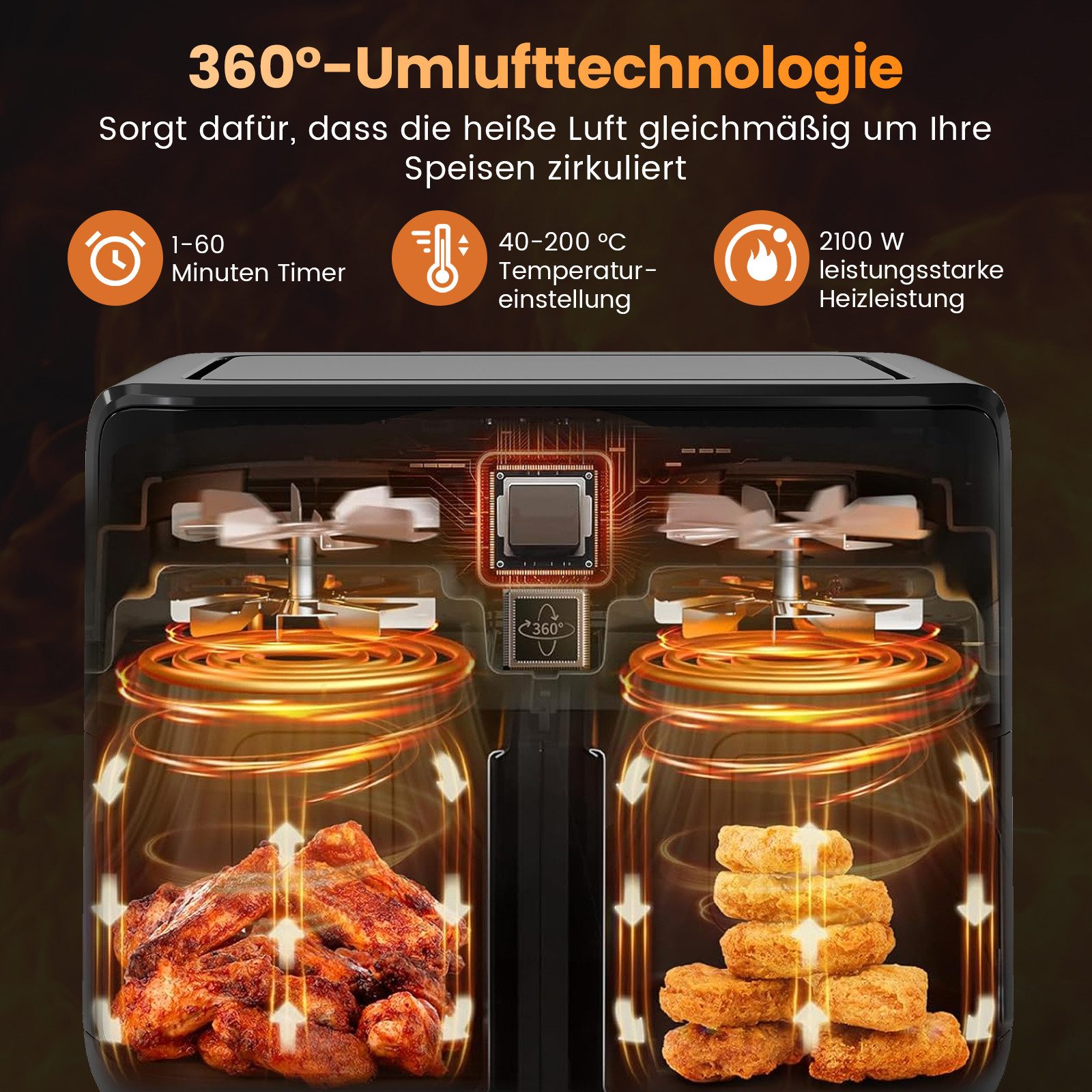 COSTWAY Heißluftfritteuse mit 2 Kammern, Airfryer mit 10 Programme, 2100 W