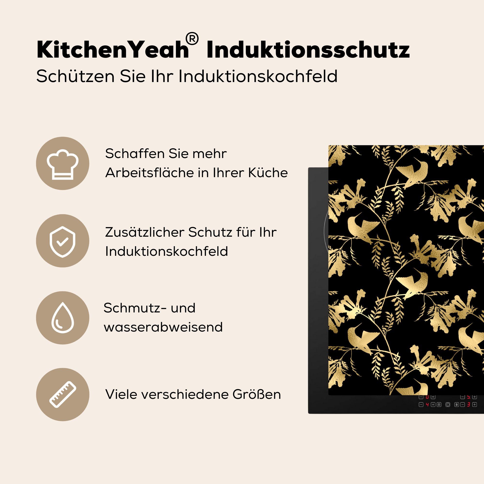 Vinyl, küche cm, - Gold, Arbeitsplatte Vögel MuchoWow Herdblende-/Abdeckplatte für Muster tlg), Ceranfeldabdeckung, - 78x78 (1