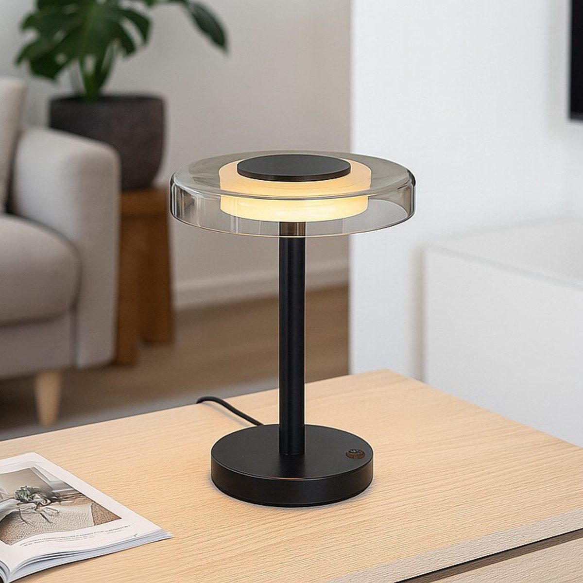 Liadomo LED Tischleuchte Volos, LED fest integriert, Warmweiß, Schirm aus Opalglas/Klarglas, modernes Design, blendfreies Licht