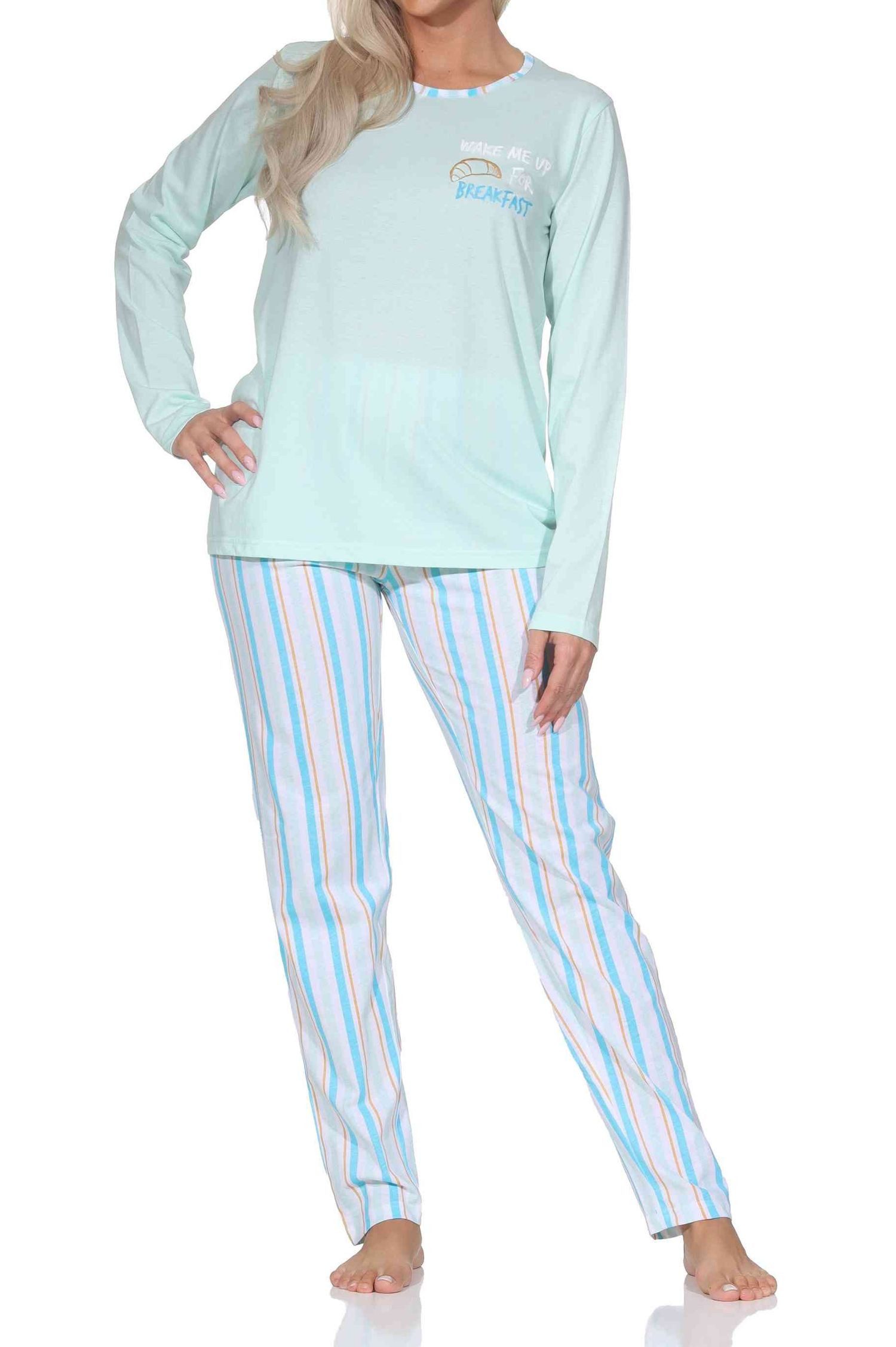 Normann Pyjama Normann Damen langarm Schlafanzug mit Pyjamahose in Streifenoptik