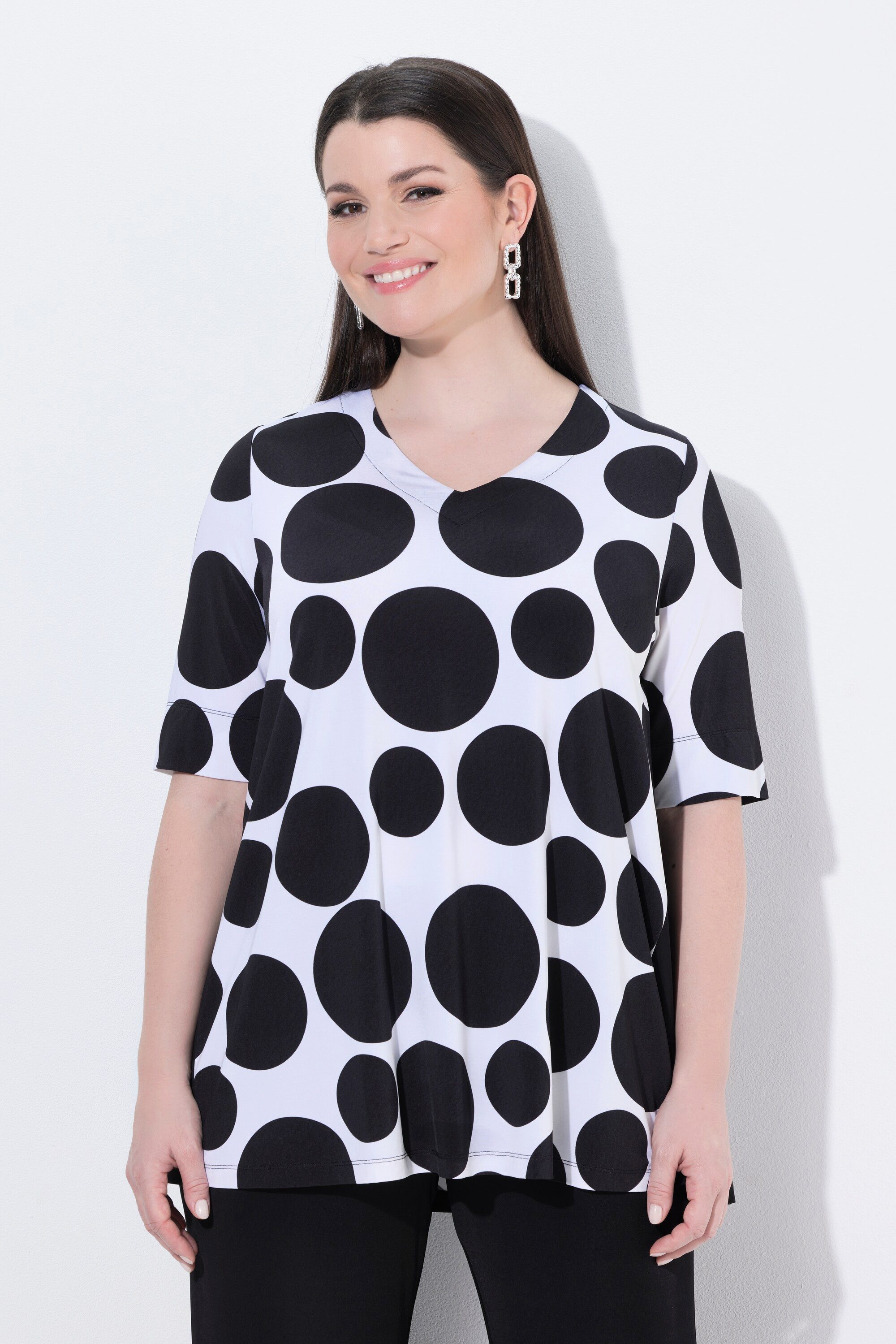 Ulla Popken T-Shirt Slinky-Shirt Punkte A-Linie V-Ausschnitt Halbarm
