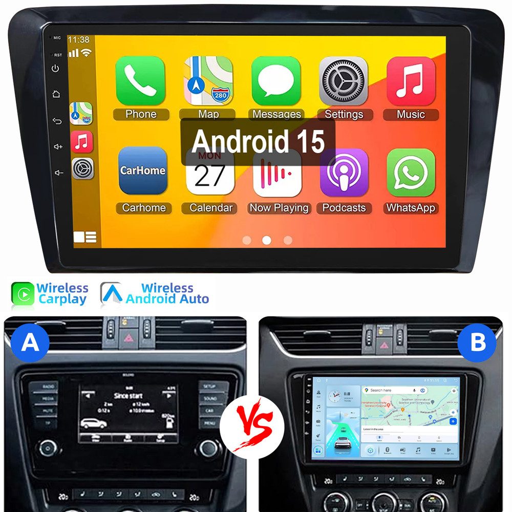 ESSGOO Für SKODA Octavia III 3 5E 2013-2018 Android15 Autoradio Carplay Autoradio (RDS, Digitalradio (DAB), FM, AM, NAVI EQ SWC BT Apple Carplay Android Auto)