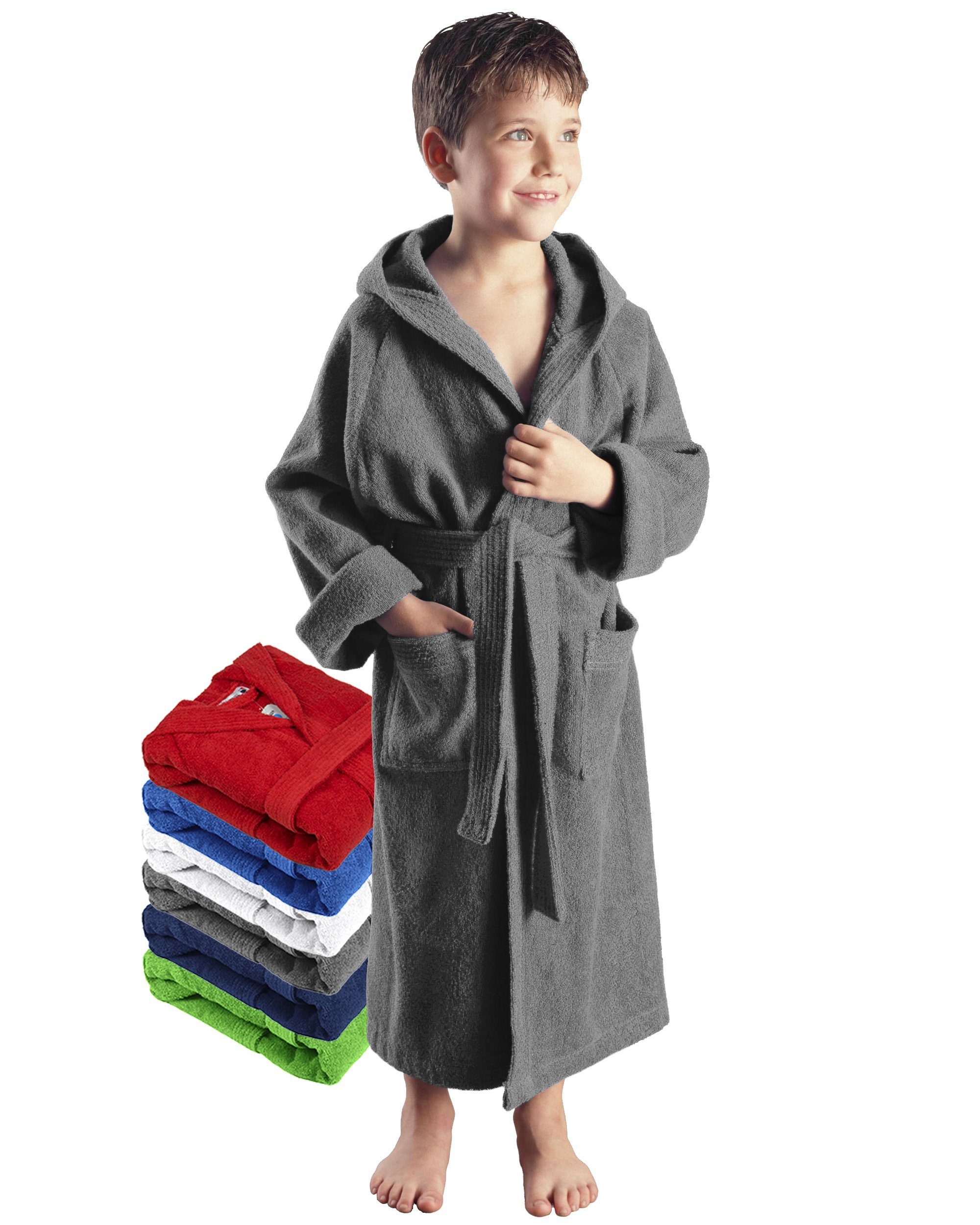 Arus Kinderbademantel für Jungen und Mädchen, mit Kapuze, 100% Baumwolle, mit zwei Taschen, farbenfroh Grau