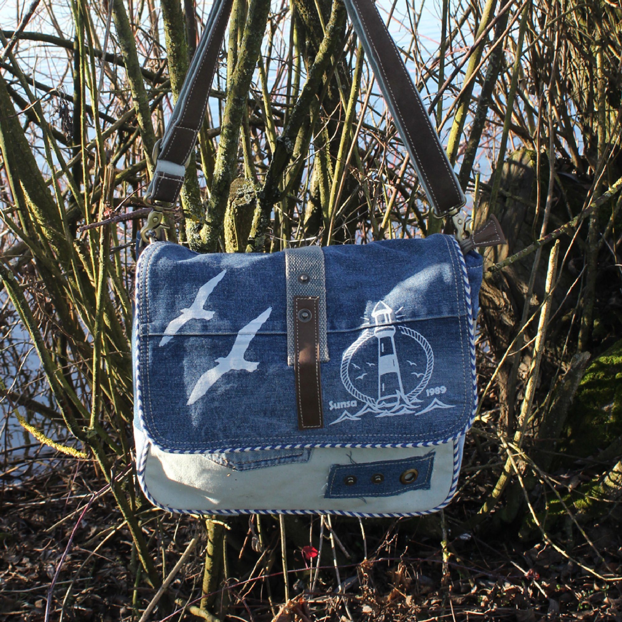 Messenger Maritim Crossbody Sunsa Canvas. recycelte Tasche. Bag Jeans und aus Beige Aus für Materialien Bag Meerliebhaber, recycelten Umhängetasche