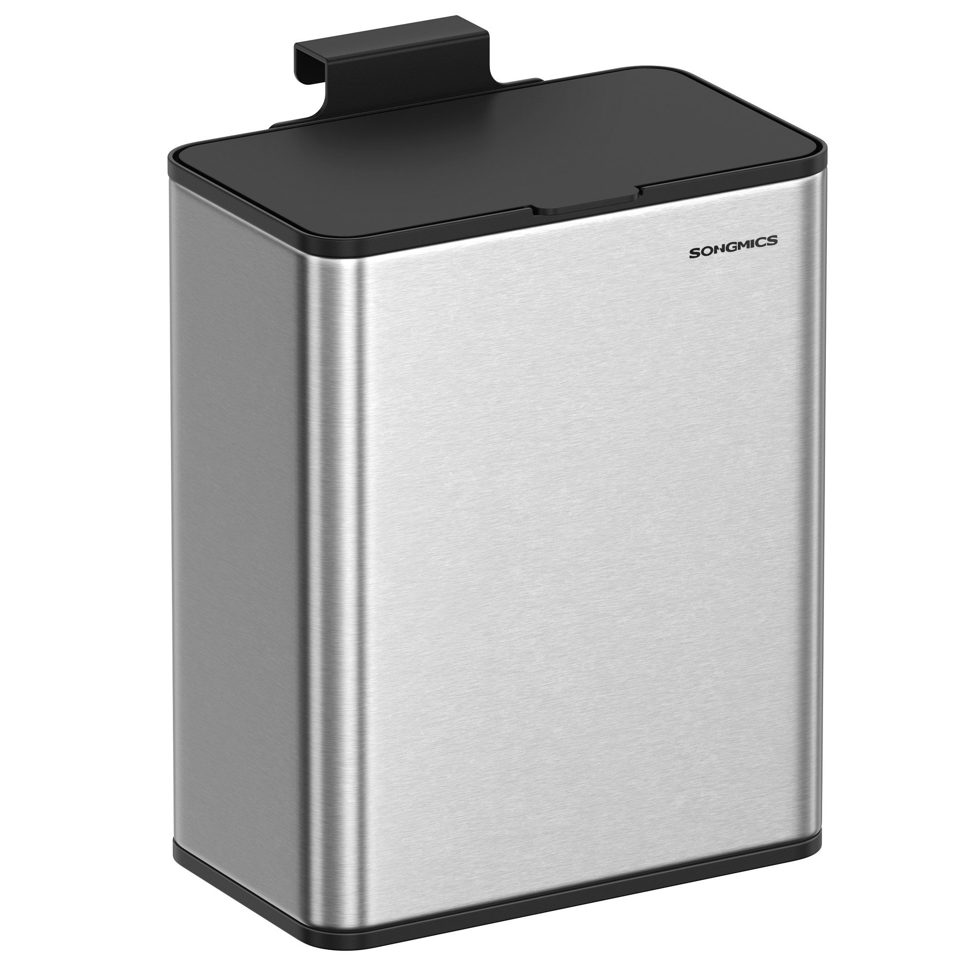 SONGMICS Mülleimer hängend, 8 L, Stahl-Abfalleimer, für Unterschrank Badezimmer, mit Deckel, Haken, an der Schranktür oder Wand, metallisches Silber