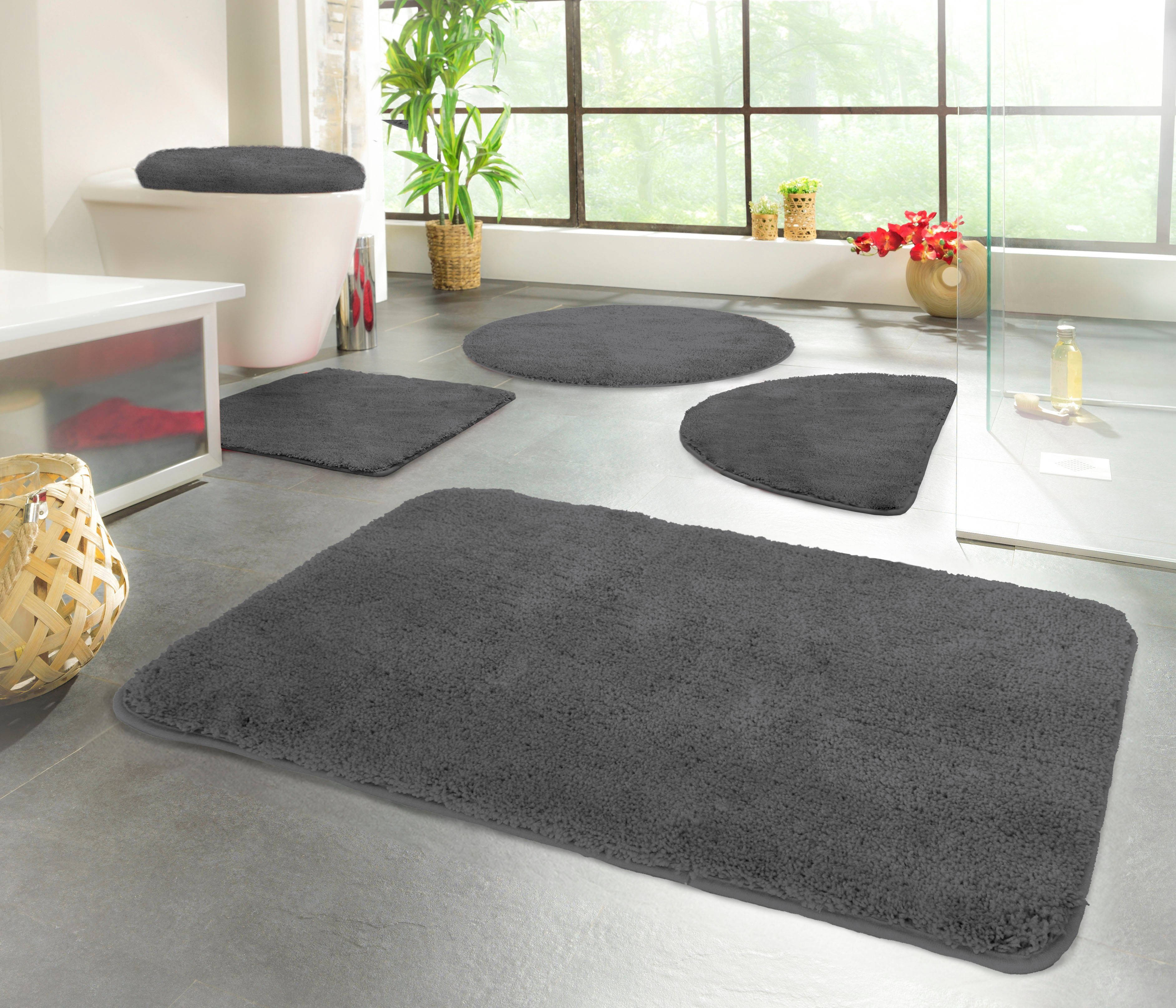 KiNZLER Badematte Chaozhou, Badvorleger, Badezimmer Teppich, Höhe 20 mm, rutschhemmend beschichtet, fußbodenheizungsgeeignet, Polyester, rund, Badteppich, Uni Farben, weich, als rechteckig, rund & Set erhältlich