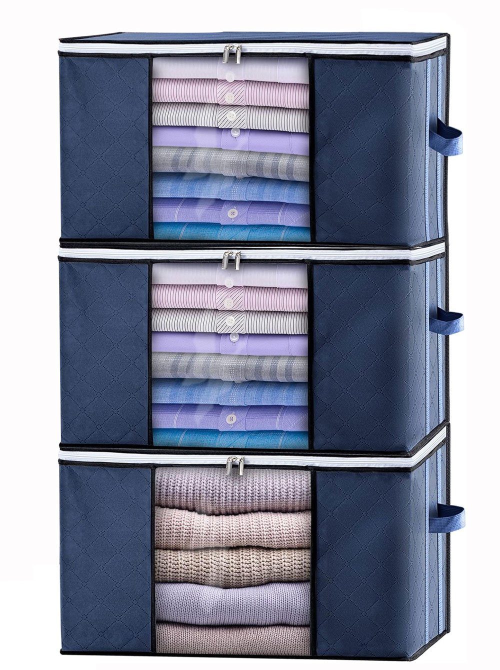 Sarfly Unterbettkommode Aufbewahrungstasche Aufbewahrungsbox mit Deckel, Umzugskartons (3 St), Faltbare Aufbewahrungsboxen für Kleidung Bettdecken Decken Navy blau
