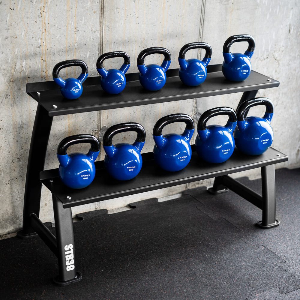 HMS Geräteständer Kettlebellablage Gewichtsregal Hantelregal, Zubehör für Kettlebells und Kugelhanteln, 2 Ebenen, 300 kg Traglast, 10 Kettlebells, Stahl
