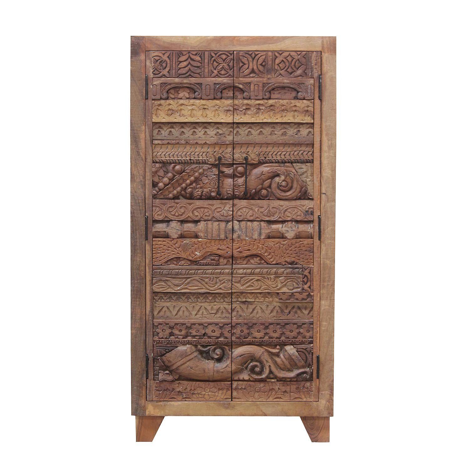 Casa Moro Drehtürenschrank Indischer Schrank Maruf, schmale, hohe Echtholz Kommode (Hochkommode für einfach schöner Wohnen, CAC20301350, 1-St., 90x40x180 cm B/T/H 2 türig mit handgeschnitzter Front im Puzzle Design) Kunsthandwerk
