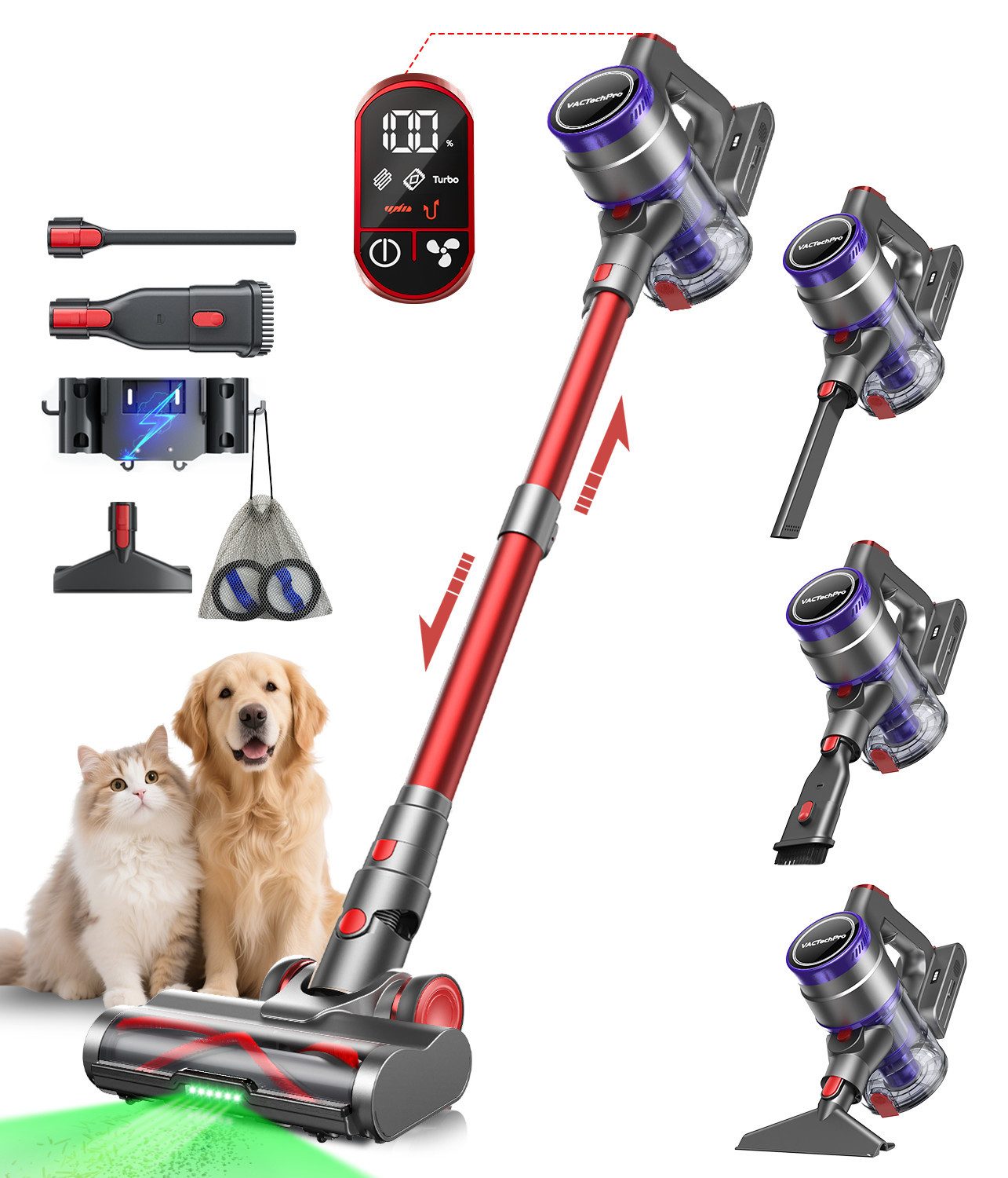 VACTechPro Akku-Hand-und Stielstaubsauger Akkustaubsauger, 78000Pa/650W/70Min, 8-Schicht-Filterung, 650 W, Zyklonbehälter, 78000Pa/650W/70Min, 8-Schicht-Filterung, Anti-Tangle Bodenbürste