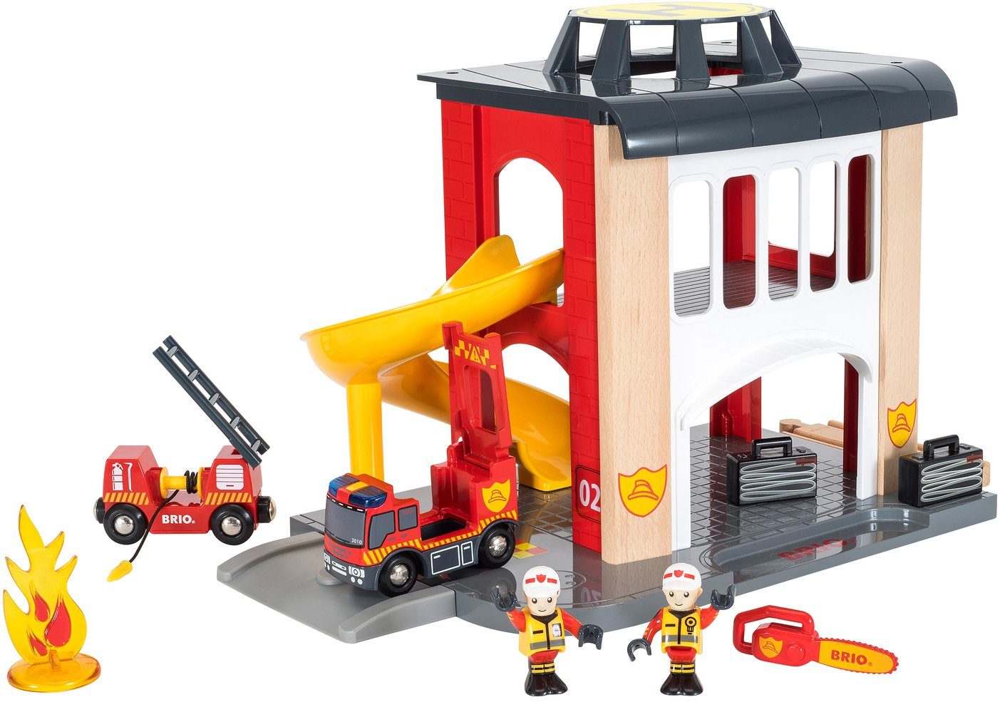 BRIO® Spiel-Feuerwehrwache BRIO® WORLD, Große Feuerwehrstation mit Einsatzfahrzeug, FSC® - schützt Wald - weltweit