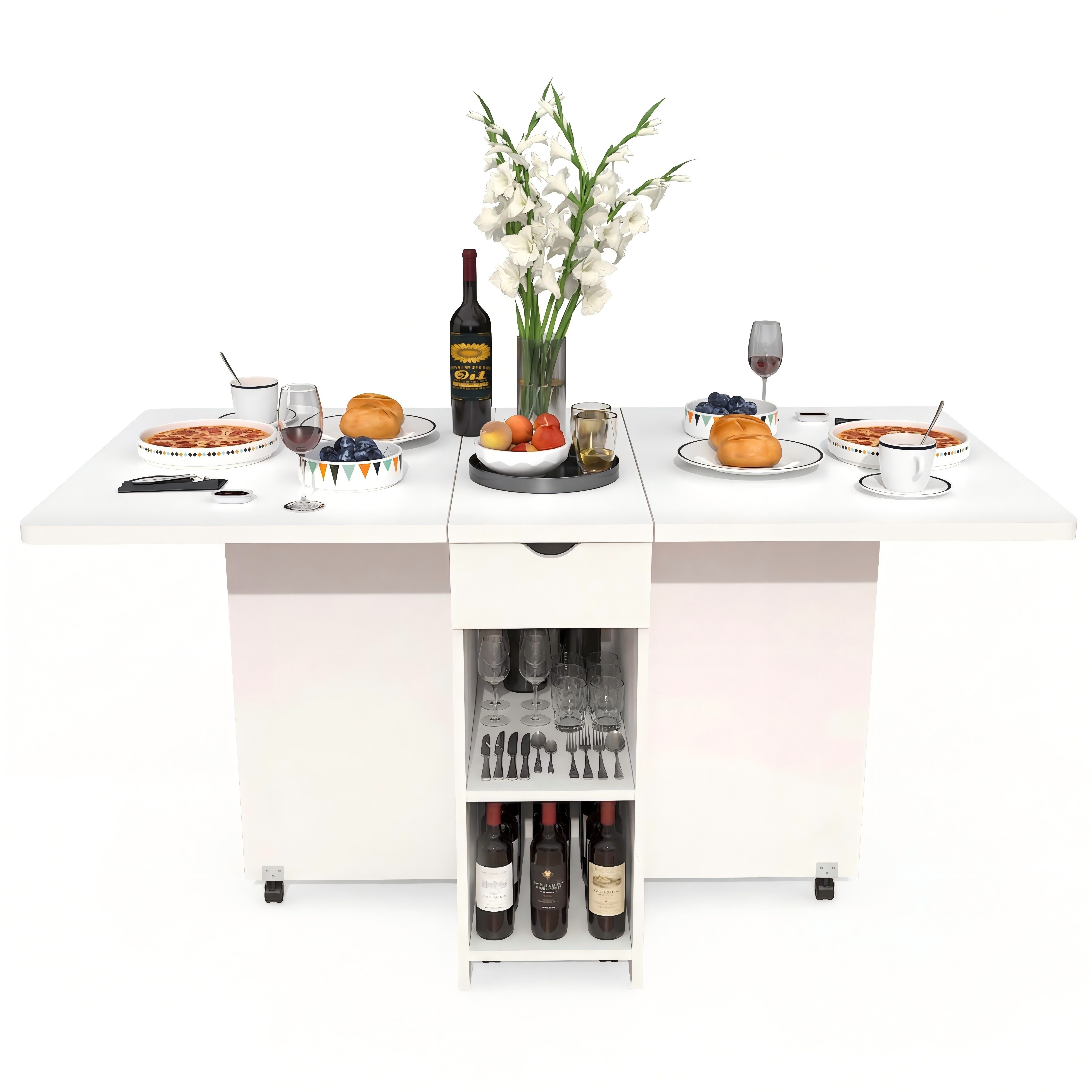 oyajia Esstisch Klapptisch für 4-6 Personen mit Offenen Ablagen, 1 Schublade (Klappbarer Esstisch, 118.5 x 72 x 75CM), Esszimmer für Kleine Räume