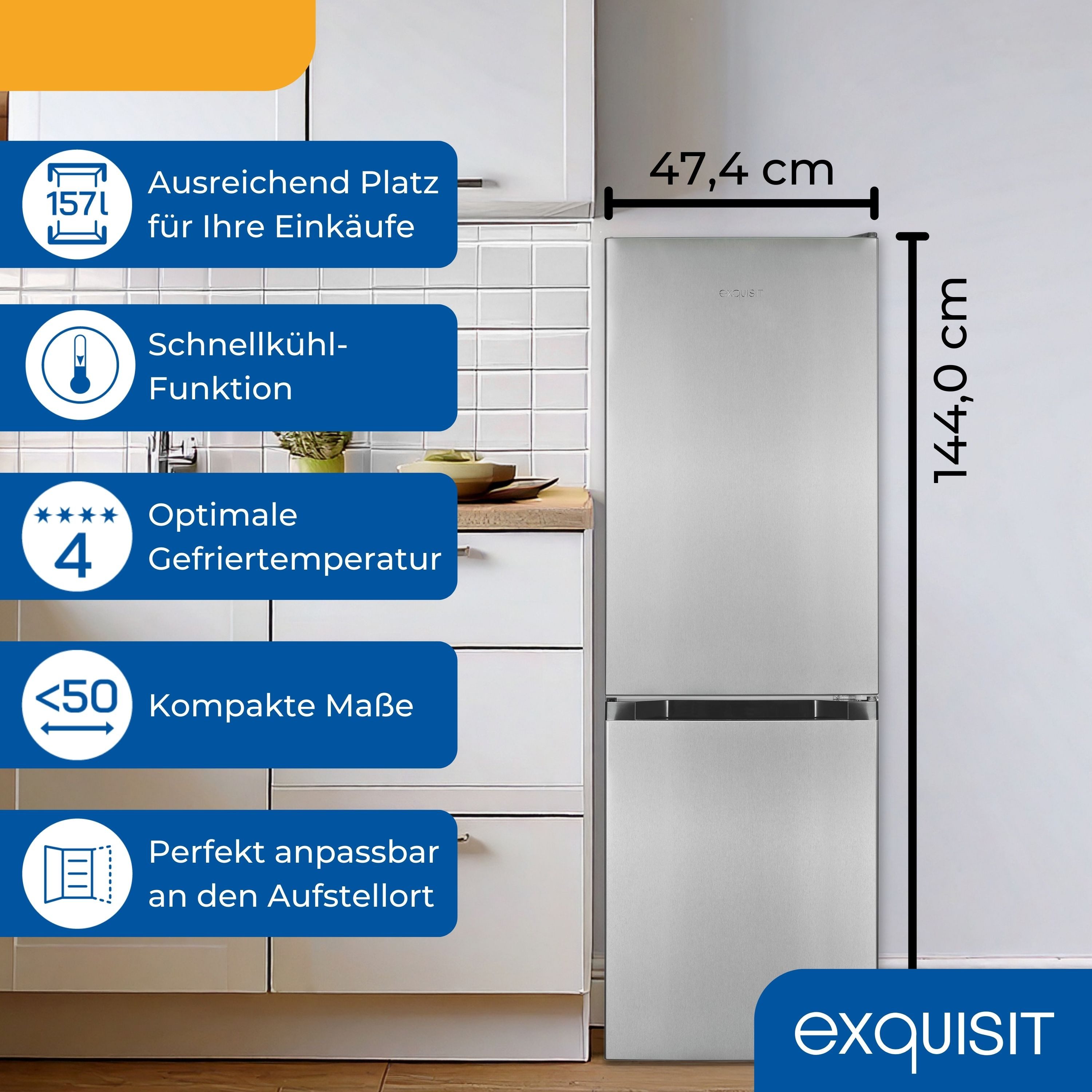 exquisit Kühl-/Gefrierkombination KGC5231-60-E-050C, 144 cm hoch, 47.4 cm breit, 4*-Gefrieren, Schnellkühlen, 157 Liter Nutzinhalt, 3 Ablagen