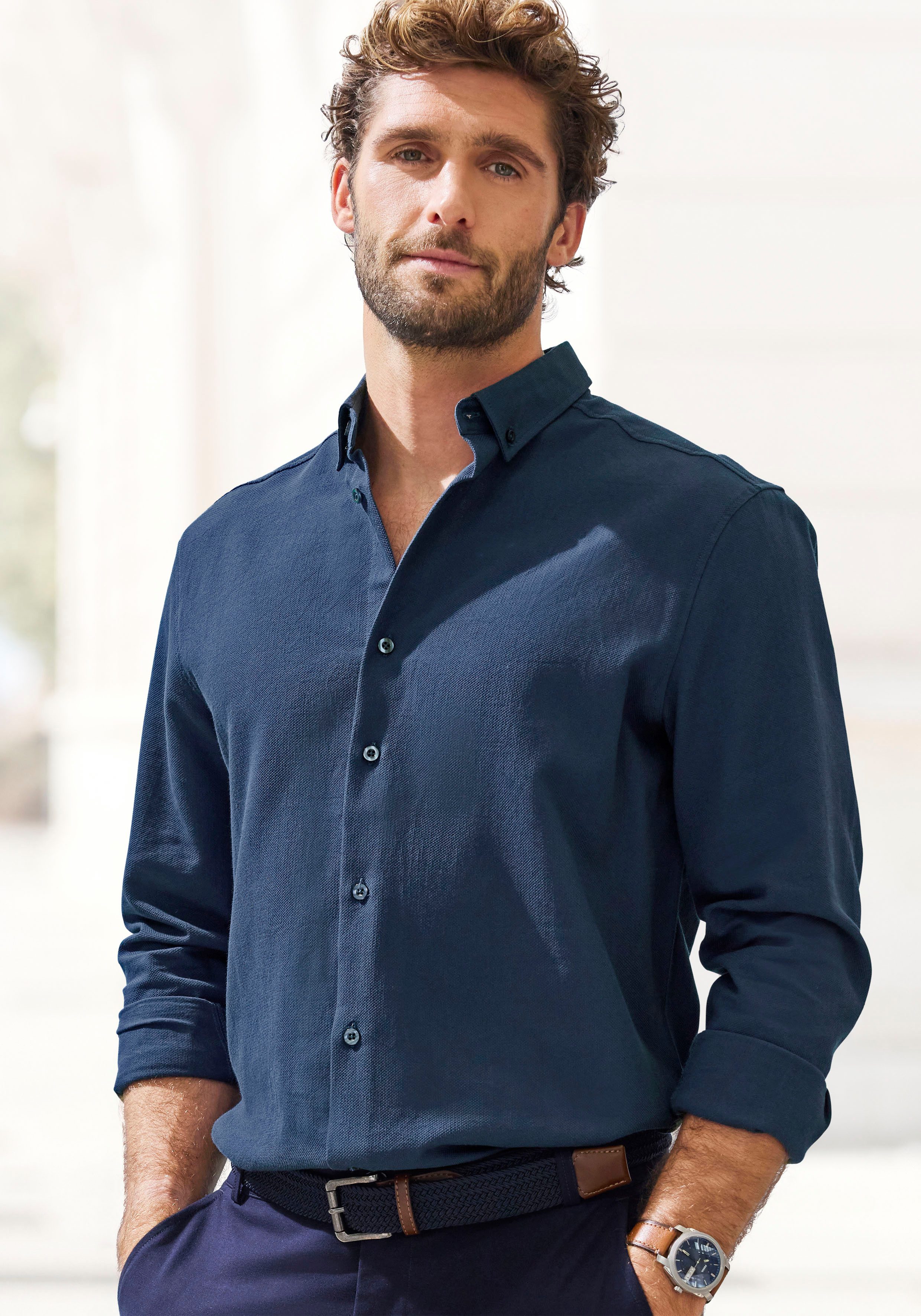 H.I.S Langarmhemd "Regular Fit" in hochwertiger Struktur Optik günstig online kaufen