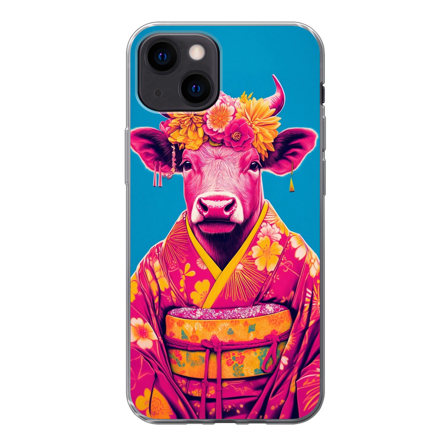 MuchoWow Handyhülle für Apple iPhone 13 mini Kuh - Blütenkranz - Ohrringe - Kimono, Smartphone-Bumper, Print, Handy Schutzhülle Dünn