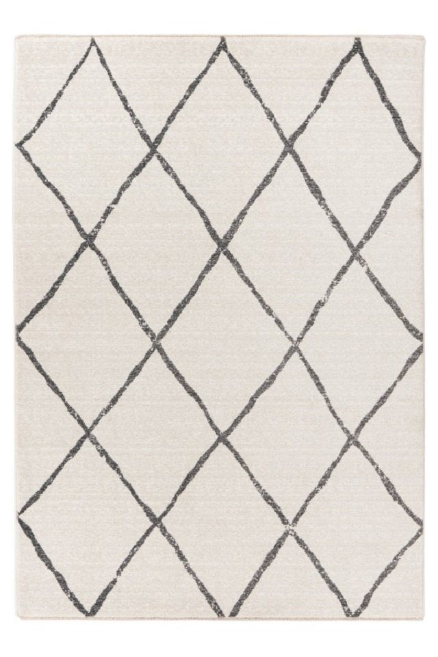 Teppich Teppich modern Design, ivory, LALEE, Rechteckig, Höhe: 12 mm,  Rauten, gemustert, mit Fransen, pflegeleicht