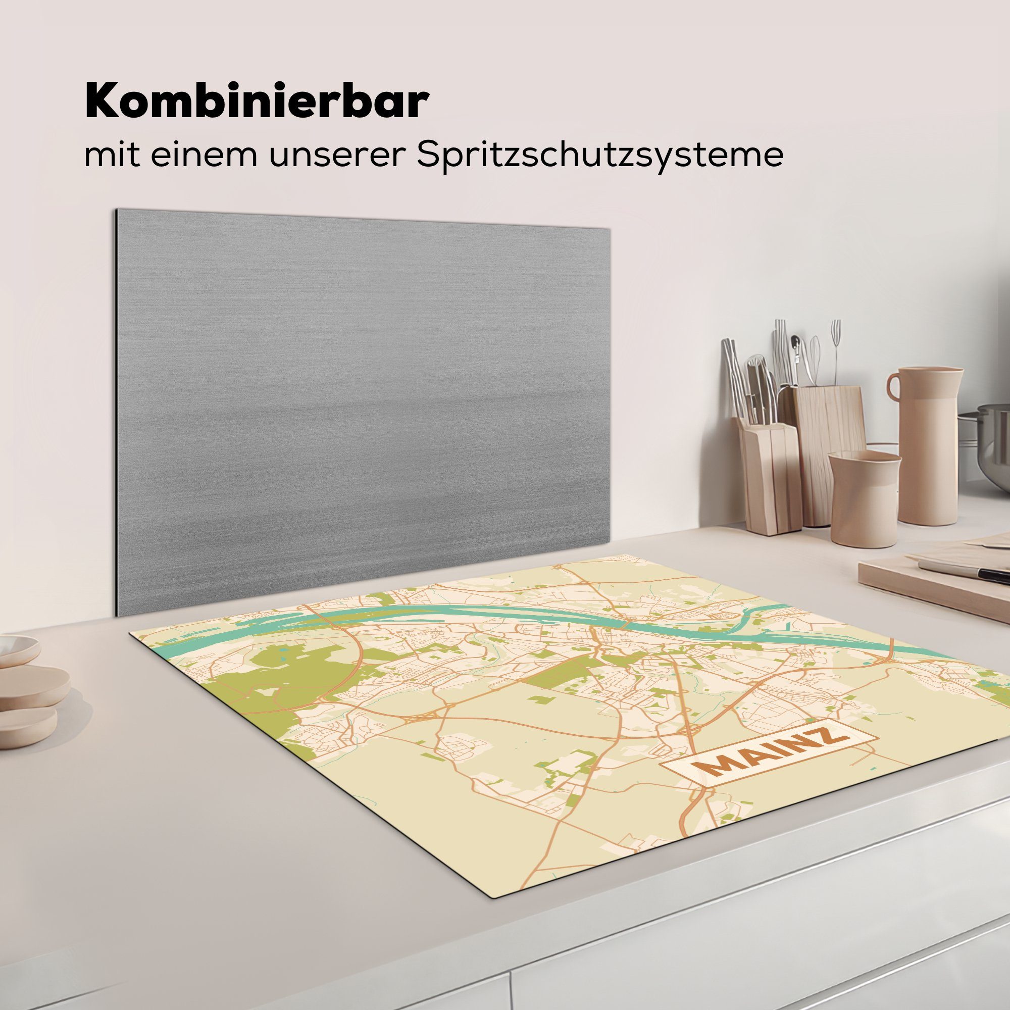 küche - Vinyl, für Mainz Vintage Stadtplan MuchoWow 78x78 - Ceranfeldabdeckung, Stadtplan, tlg), Herdblende-/Abdeckplatte cm, Arbeitsplatte - (1