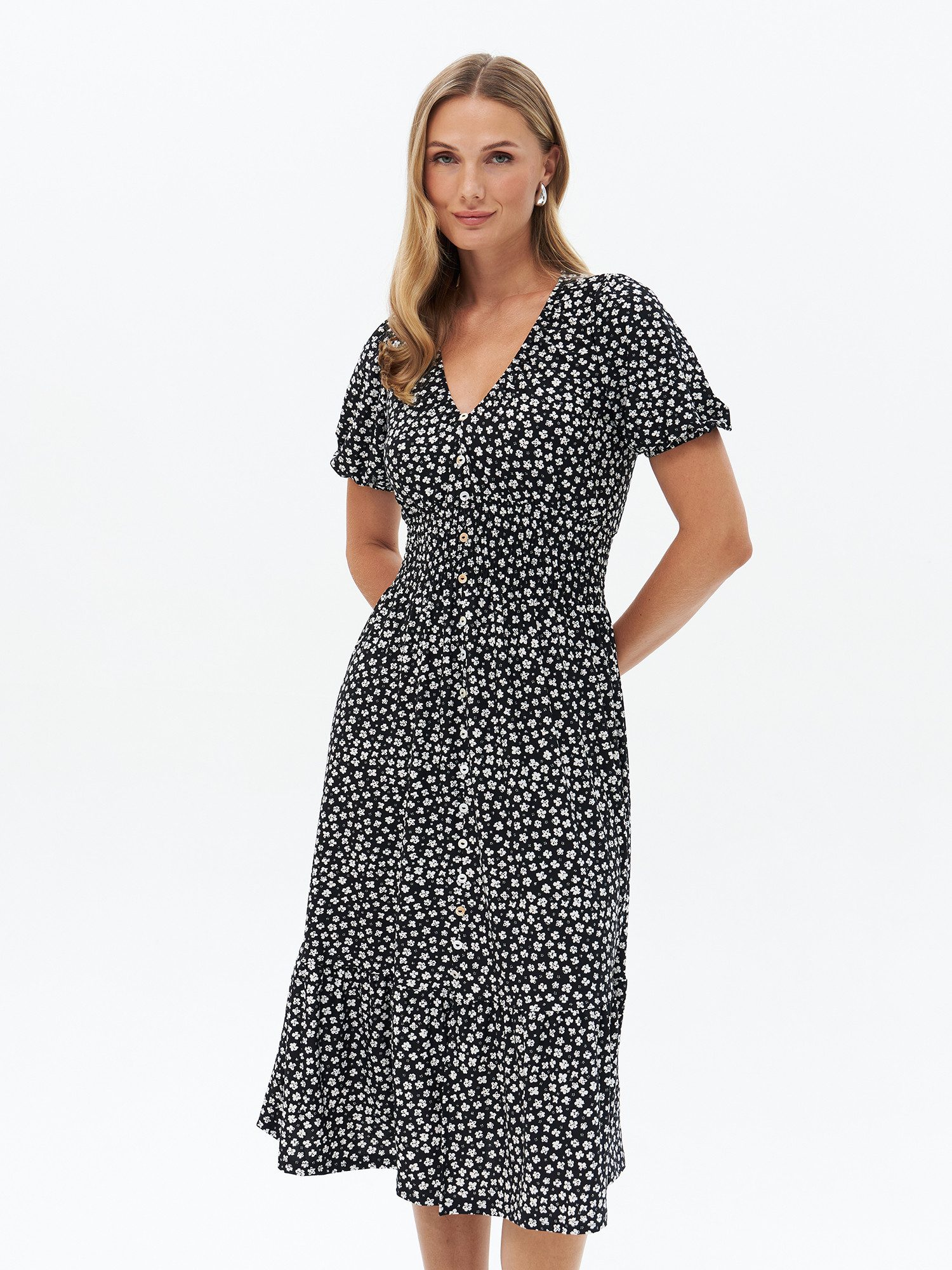 Passioni Hemdblusenkleid Maxikleid mit Blumenprint Sommerkleid mit gesmokter Taille